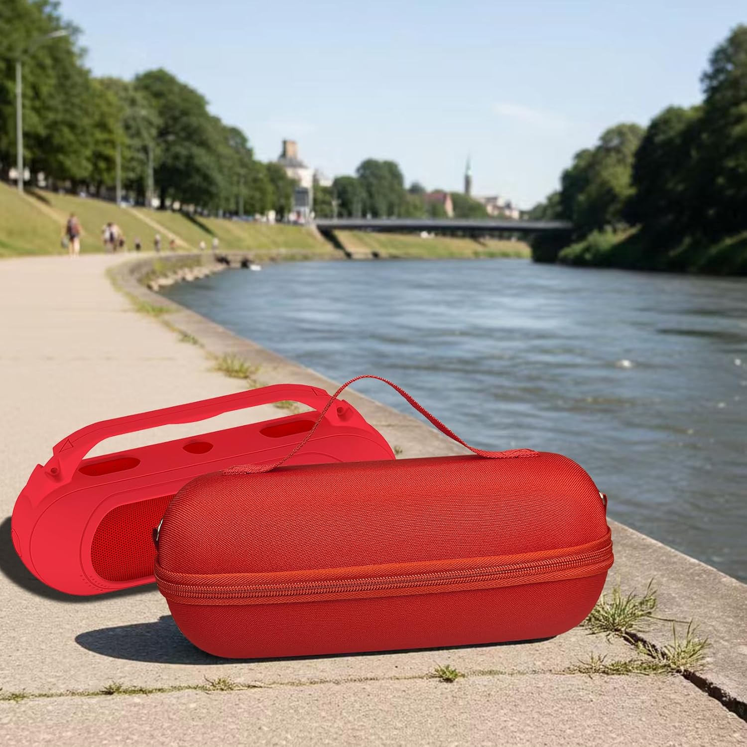 Protective Case for Beats Pill Speaker, Silicone Cover and Hard Carrying Case for Beats Pill Bluetooth Speaker Accessories with Shoulder Strap (Red)