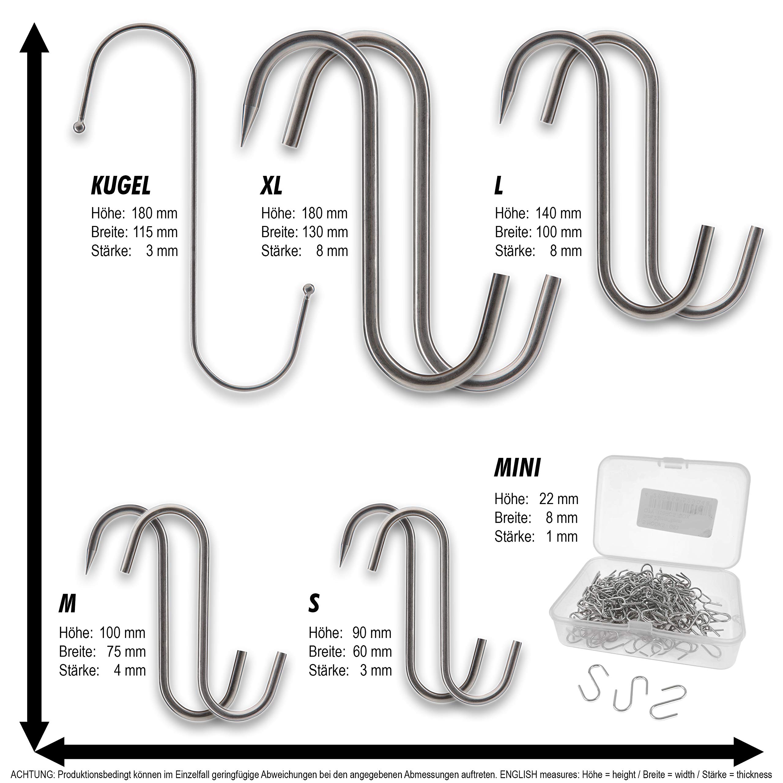 Edelstahl Haken – S-Haken, S-Form, Hooks, Verbinder, Aufhänger – spitz, flach, kugel – XL, L, M, S, Mini – Küche, Büro, Geschäft, Heimwerken, Werkstatt, Basteln, Nähen, DIY – 30x Größe XL spitz