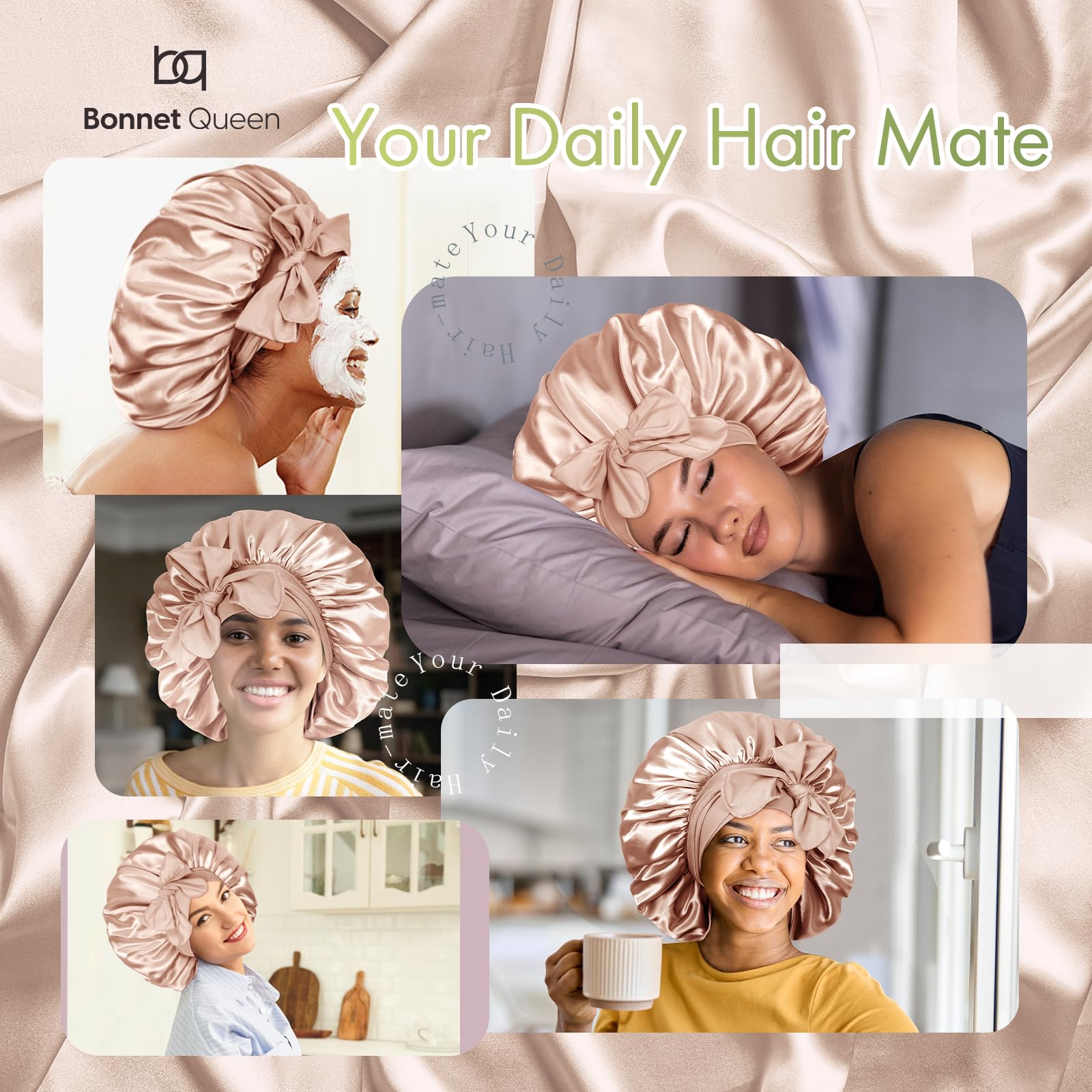 BONNET QUEEN Cuffia Seta Capelli Notte Regolabili Cuffia Capelli Ricci Bonnet con Lacci Lunghi Morbida e Protettiva Anti-Crespo, Champagne