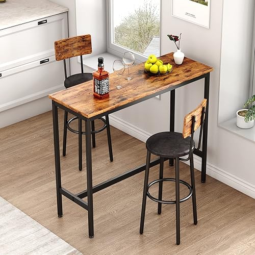 KIVENJAJA Bar Table and Chairs Set for 2, 3-Piece Small Pub Bistro Table and Upholstered Stools with Backrest, Counter Height Dining Table Set for Kitchen Restaurant, Rustic Brown