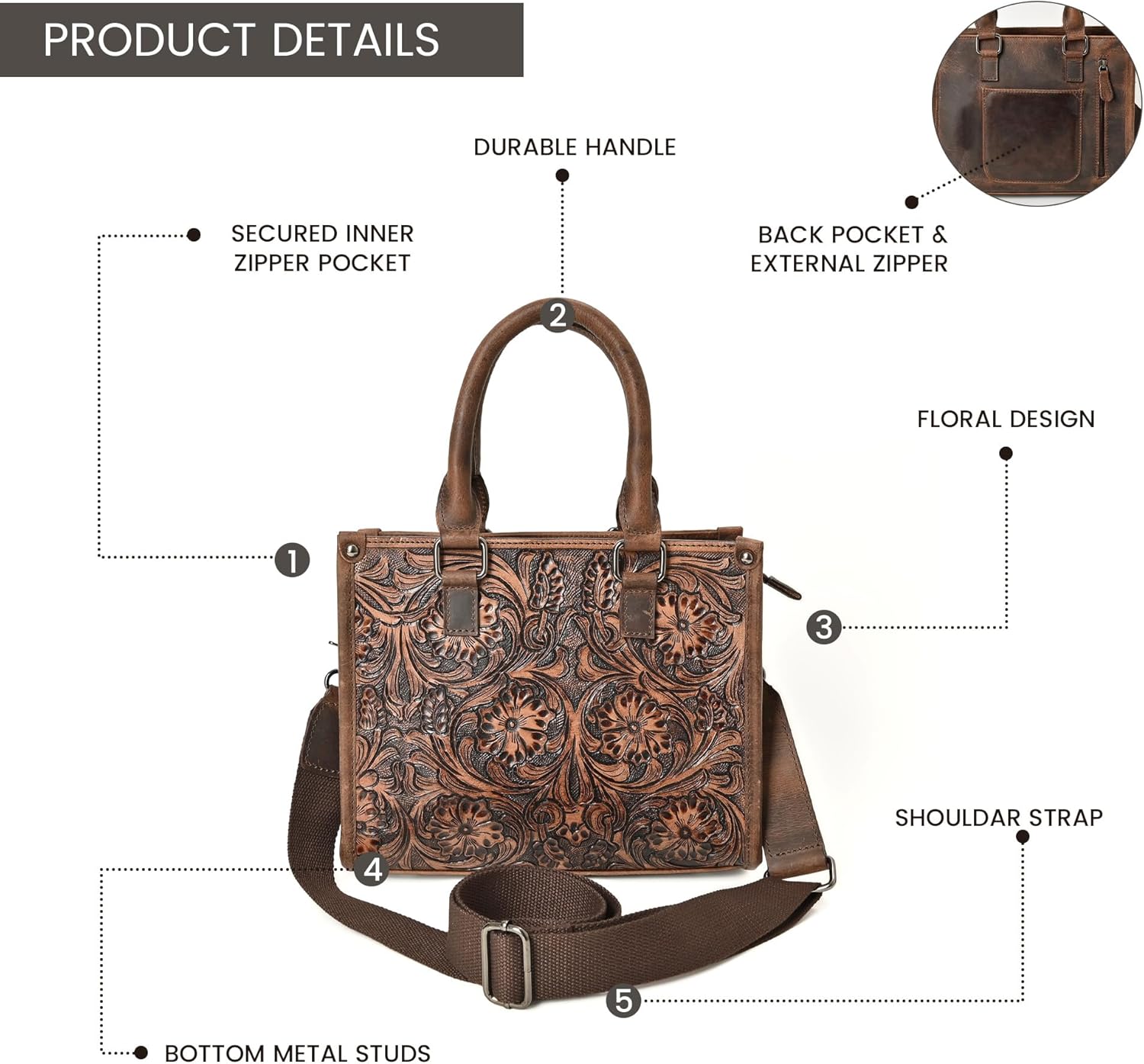 Merbaa Leather Tote Bag Western Cowhide Tote Bag for Women Shoulder Bag Purse Handtooled With Adjustable Strap - Image 4