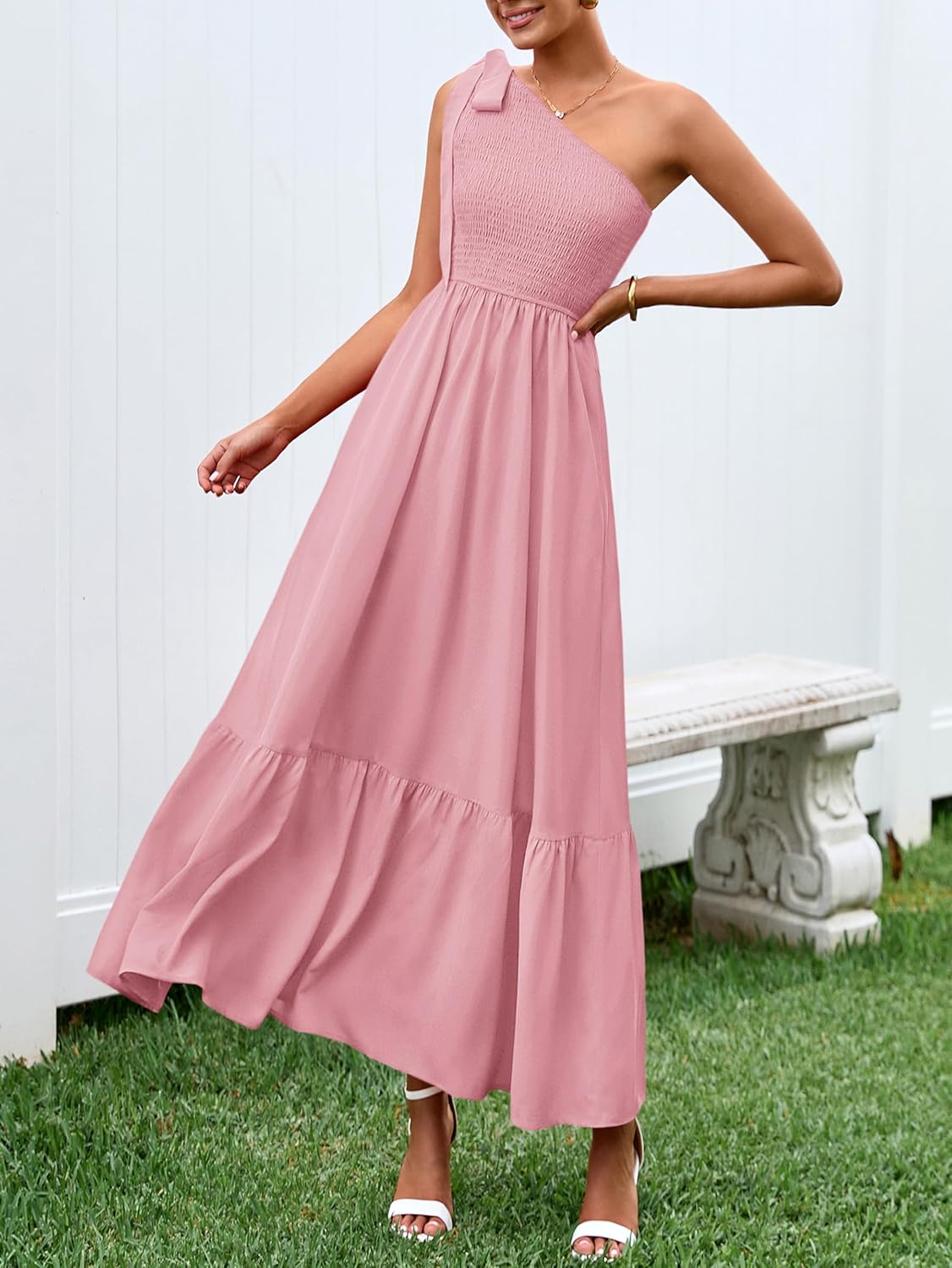 PRETTYGARDEN Womens One Shoulder Summer Maxi Dress Smocked Flowy Boho Beach Long Sundress Sleeveless Wedding Guest Dresses - Image 3