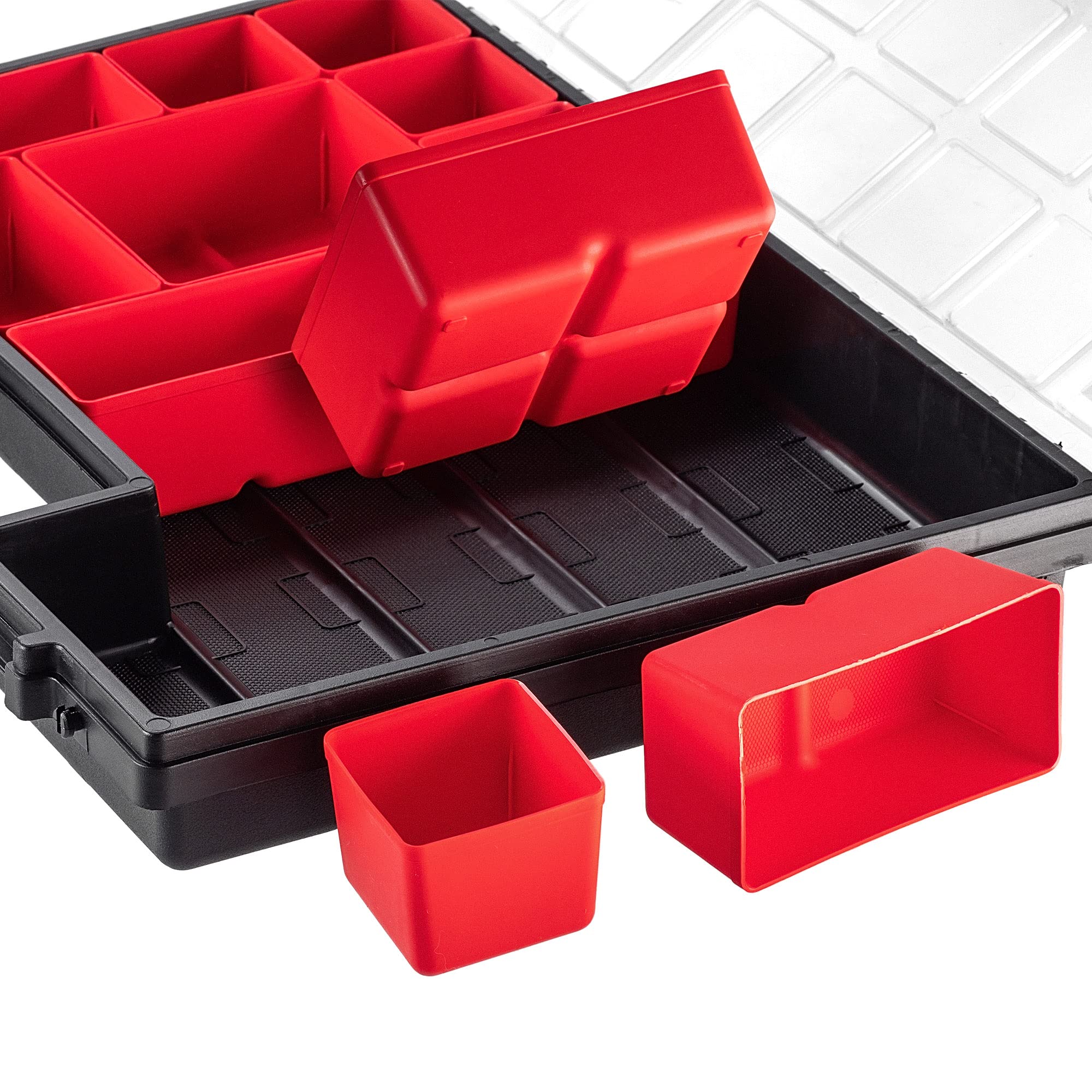 Assortimentsbox - Assortimentsdoos Aantal vakken: 11 Indeling: vast Materiaal: kunststof Afm. (lxbxh): 230x150x33mm Kleur: transparant