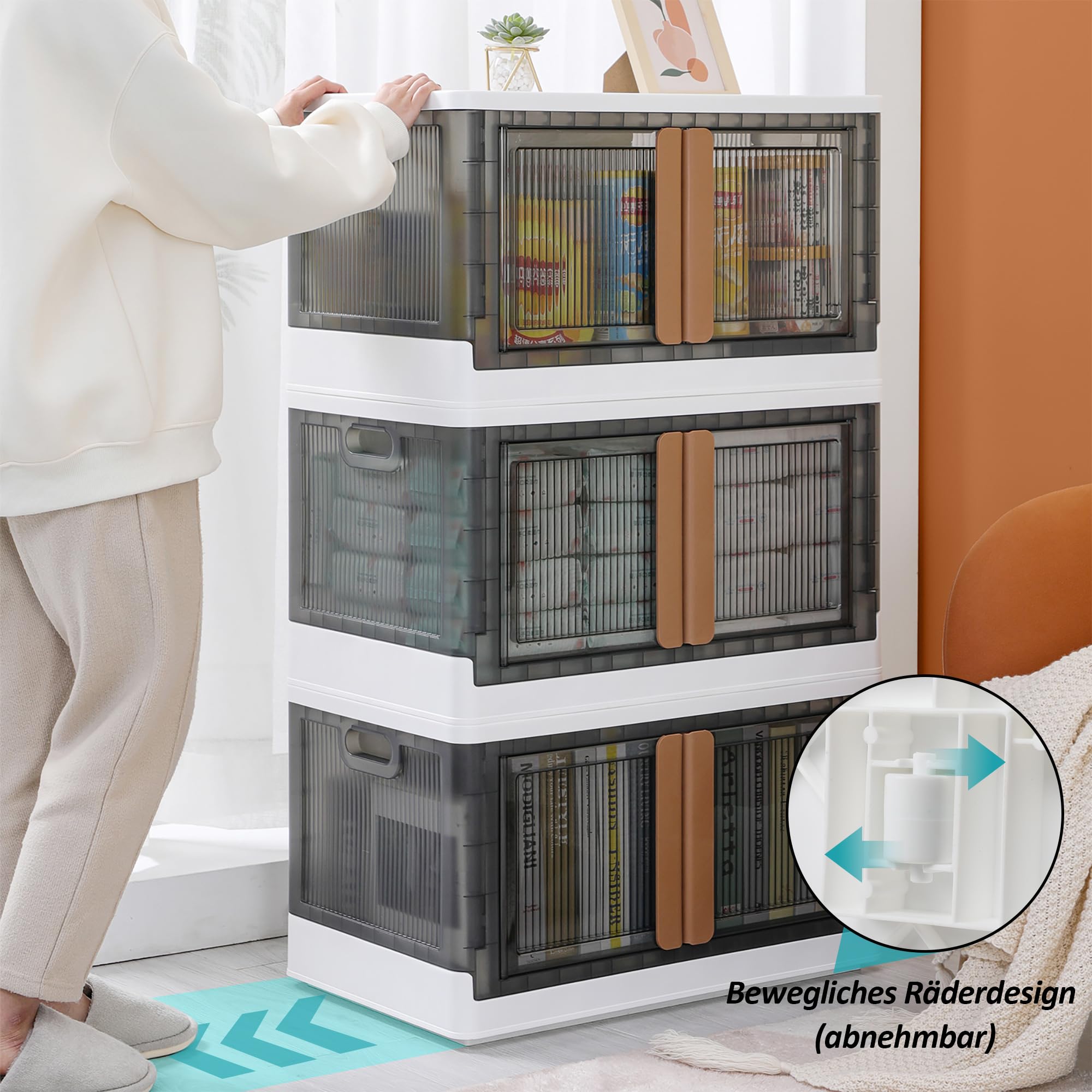 CALIYO Aufbewahrungsbox mit Deckel, 45L*3 Stapelbare Aufbewahrungsboxen Kisten Aufbewahrung mit Deckel Faltbare Aufbewahrung mit Türen und Rollen für Hause