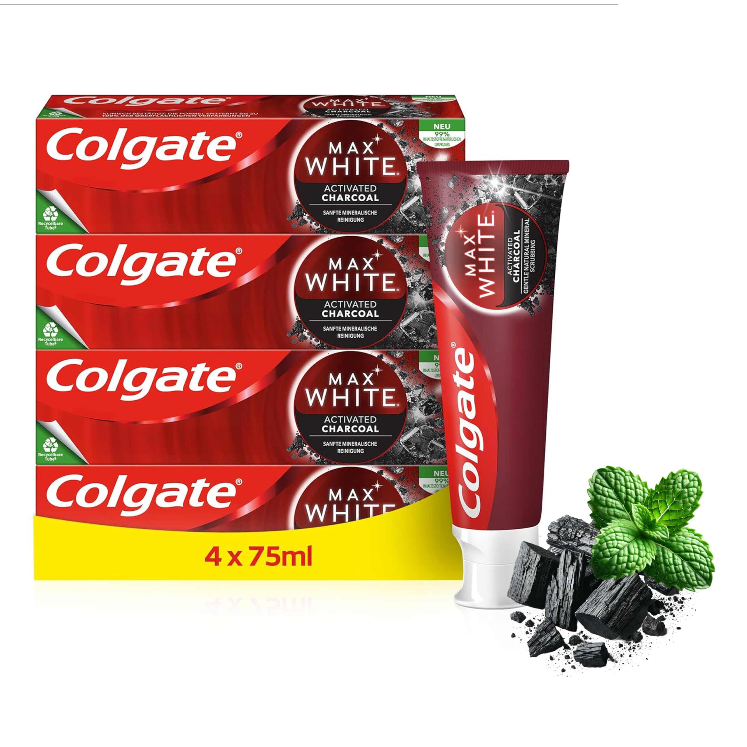 Colgate Max White Charcoal Toothpaste, Activated Charcoal Toothpaste, Clinically Proven to Remove up to 100 Percent Surface Stains*, Toothpaste Multipack, 4 Pack, 75ml Tubes