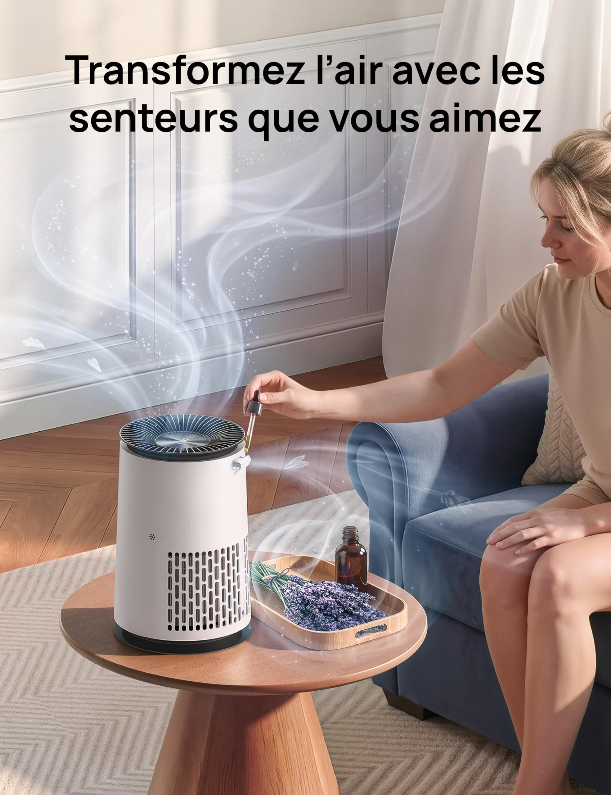 DREO Purificateur d'air 338S pour chambre, CADR 196 m³/h, Filtre HEPA 3-en-1, 4 modes, 4 vitesses, 18 dB, Affichage AQI, Capteur PM2.5, Mode auto, Aromathérapie, Wi-Fi, Compatible Alexa