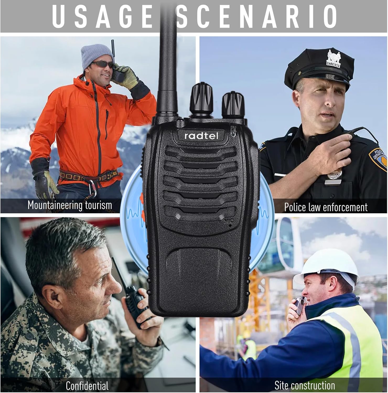 Image illustrating the benefits of the Radtel RT88's gain antenna, showing wide coverage and enhanced signal acceptance.