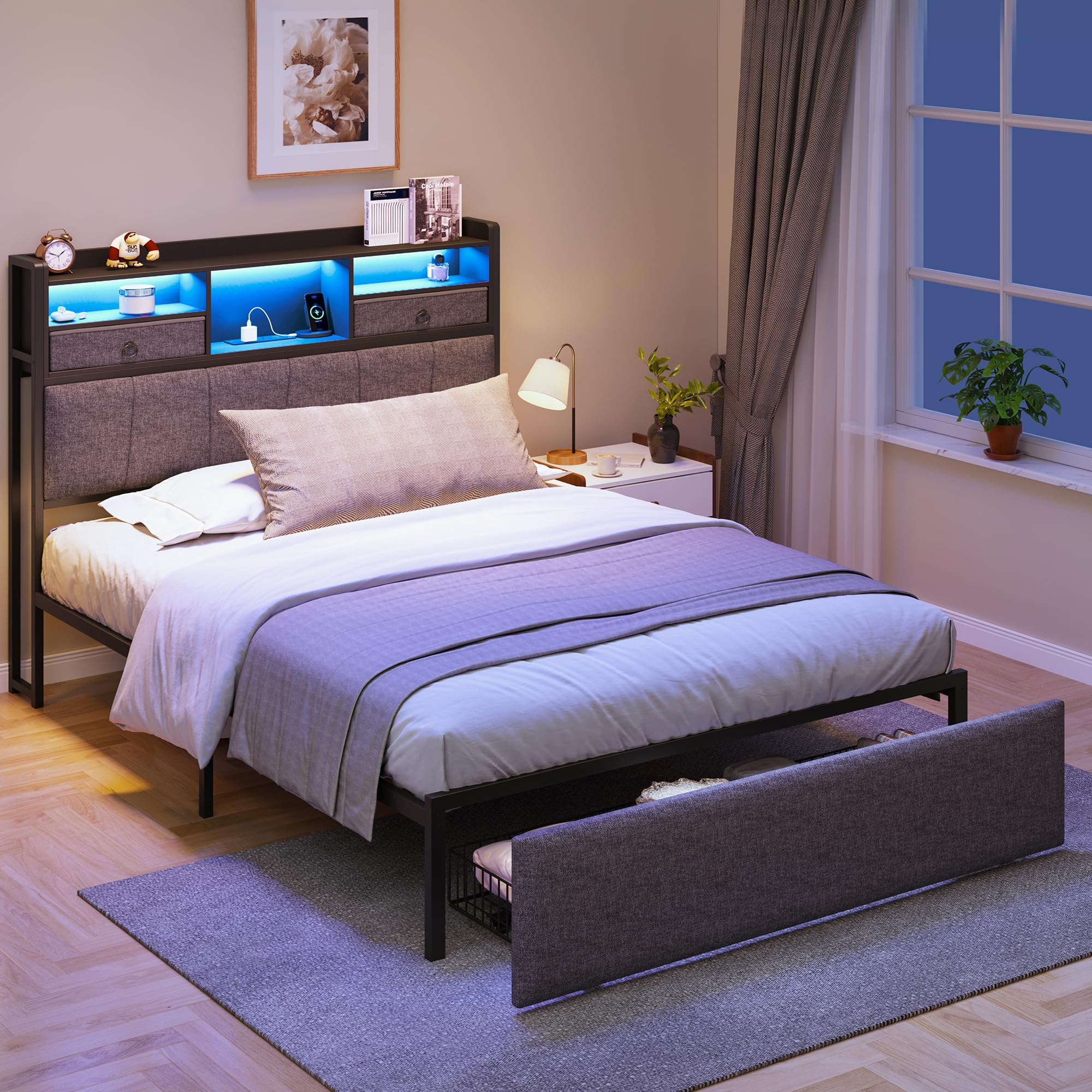 Luxstein Single Bed Frame 90×190 cm with LED Lights & Charging Station