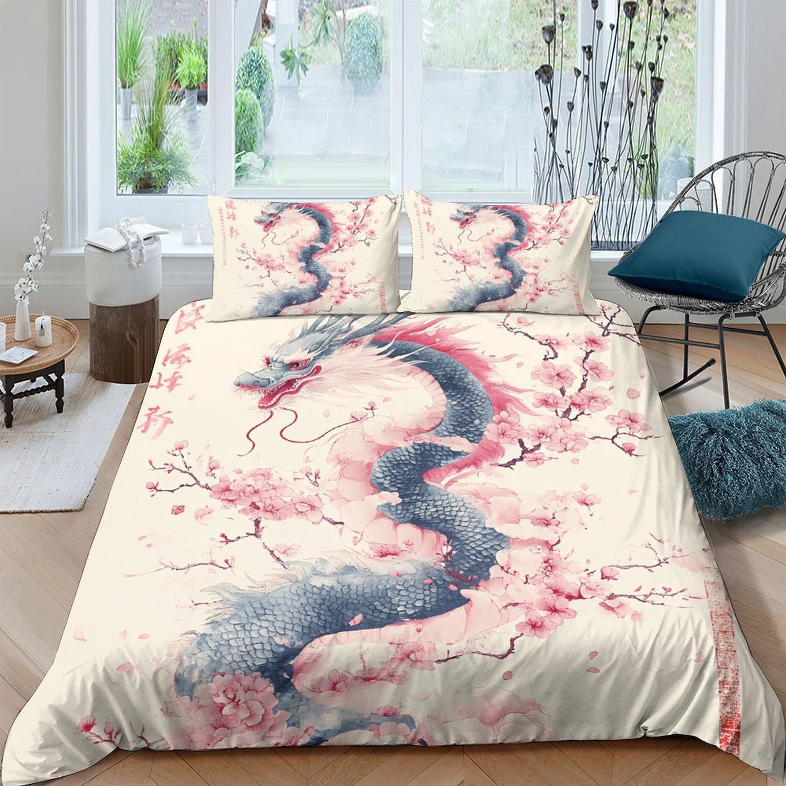Ctjqhvkz Style-6 3D Printed Cherry Blossom Dragon Fitted Sheet Microfiber Soft Breathable Ink Style Bed Cover Bedroom Decor Single（135X200cm）