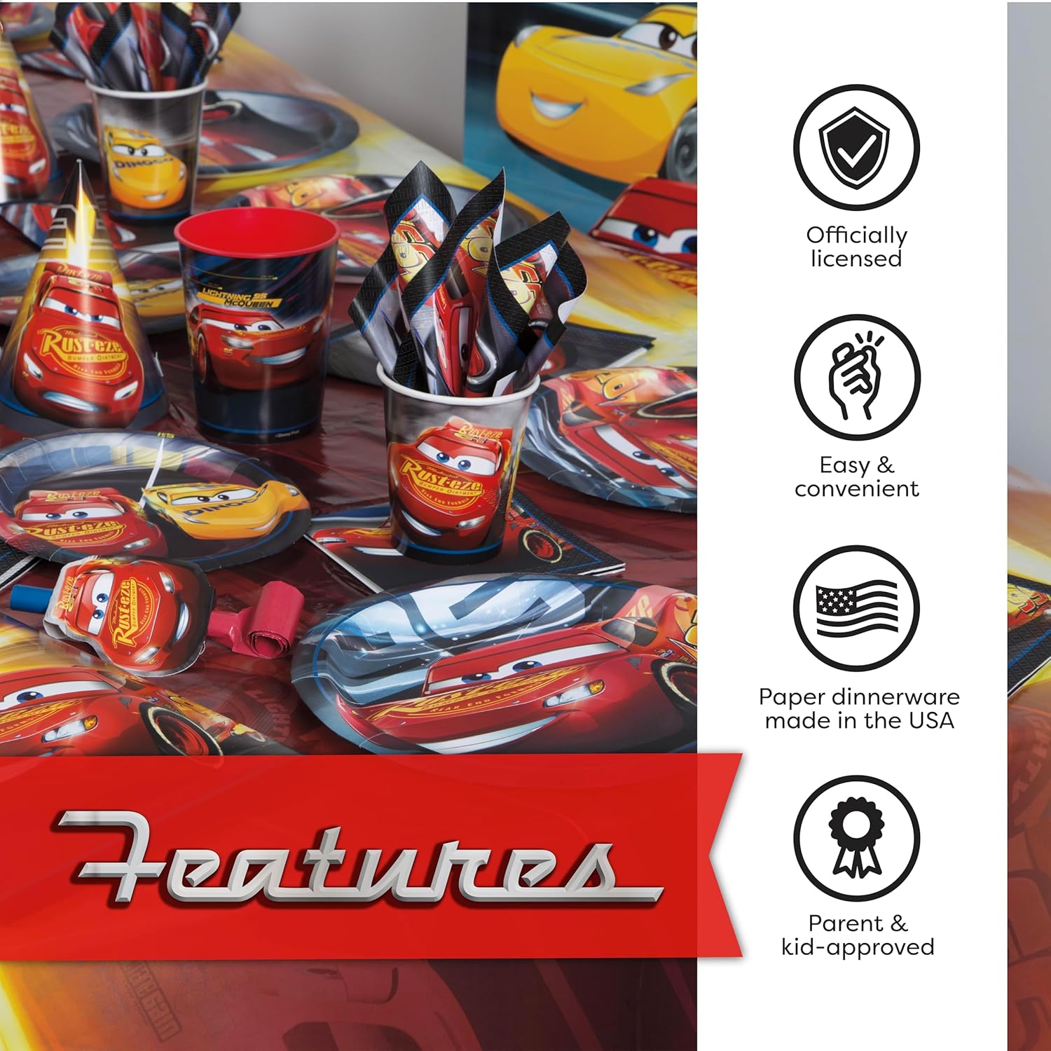 Disney Cars Birthday Decorations | Serves 16 Guests | Lightning McQueen Birthday Decorations Tablecloth, Banner, Plates, Napkins, Button | Officially Licensed