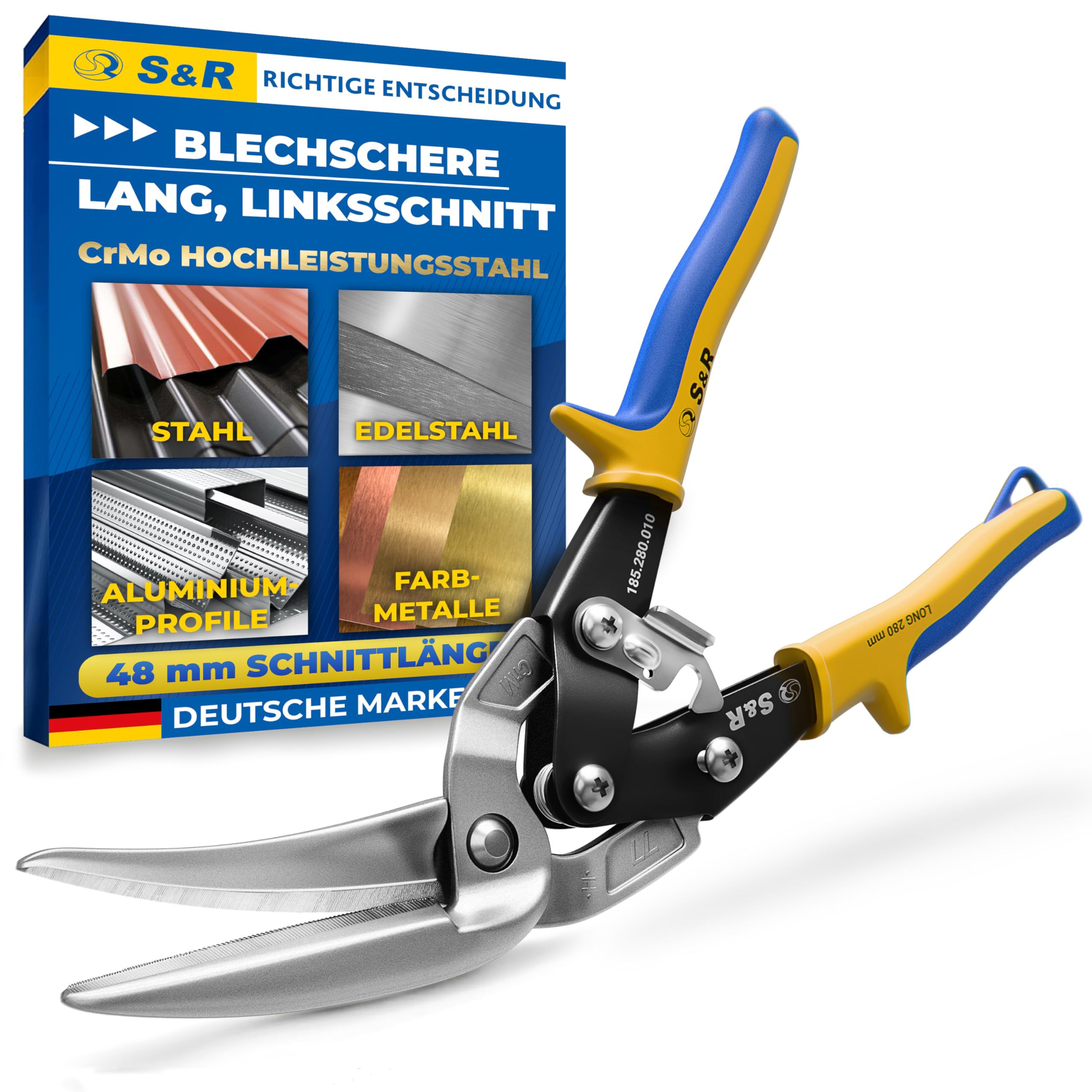 S&R Blechschere Linksschnitt 280mm – Durchlaufblechschere aus Hochleistungsstahl mit CrMo-Stahlklingen, induktionsgehärtet 60–62 HRC, 48mm Schnittleistung – ergonomisch, Anti-Rutsch-Griffe, Sicherheit