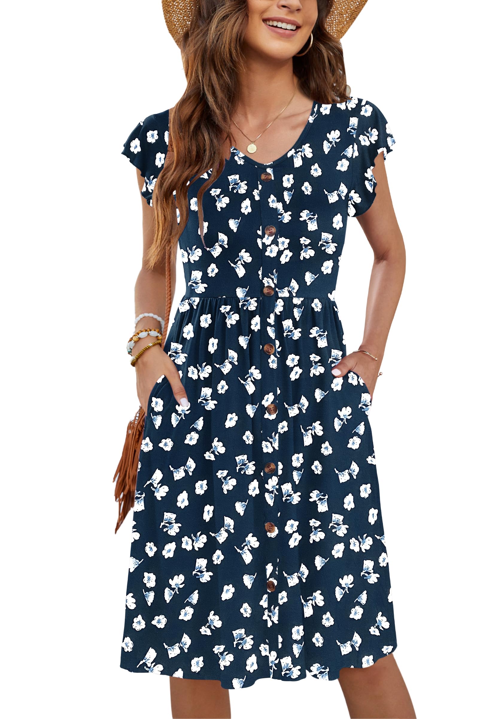 MOLERANI Ropa De Verano Femenina Manga Lateral De Volantes Cuello V Balanceo Casual Cintura Elástica Bolsillo Vestido De Midi S-2XL