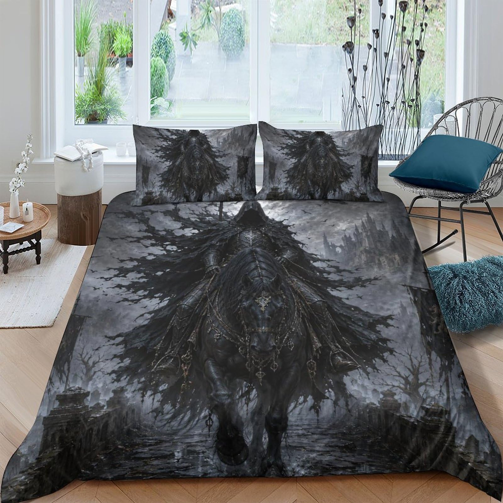 H3b8u2y5 Style-5 Storm Castle Horseman Duvet Cover 3 Piece Set 3D, Heroic Armor Portrait