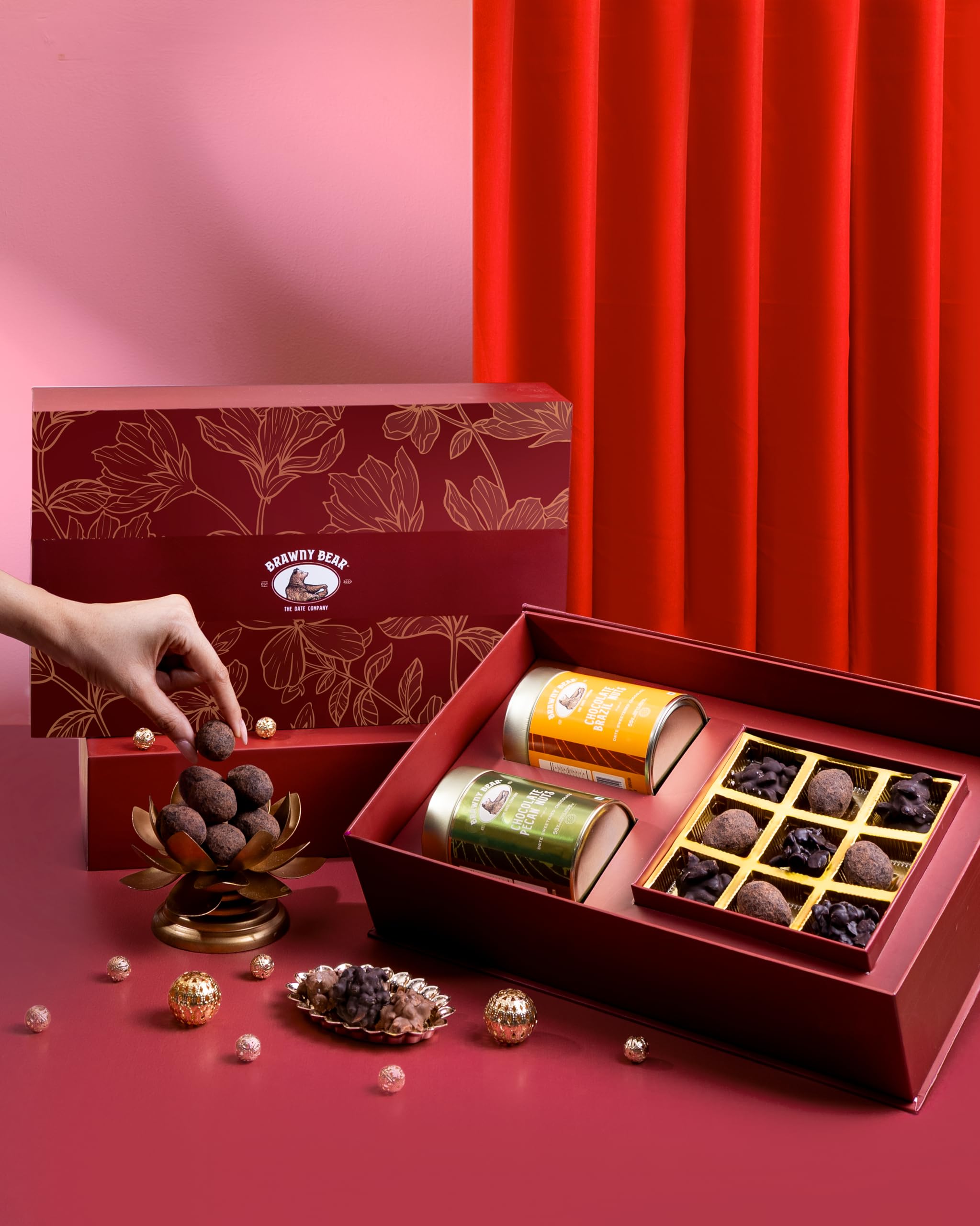 Brawny Bear Chocolate Gift Combo, Rich Chocolate Pecans, Chocolate Brazil Nuts, Almond Rocks Truffles, 9 Cavity Tray in Decorative Rich Tins, Perfect For Diwali Gifting, Corporate, Birthday & Holiday-image-41