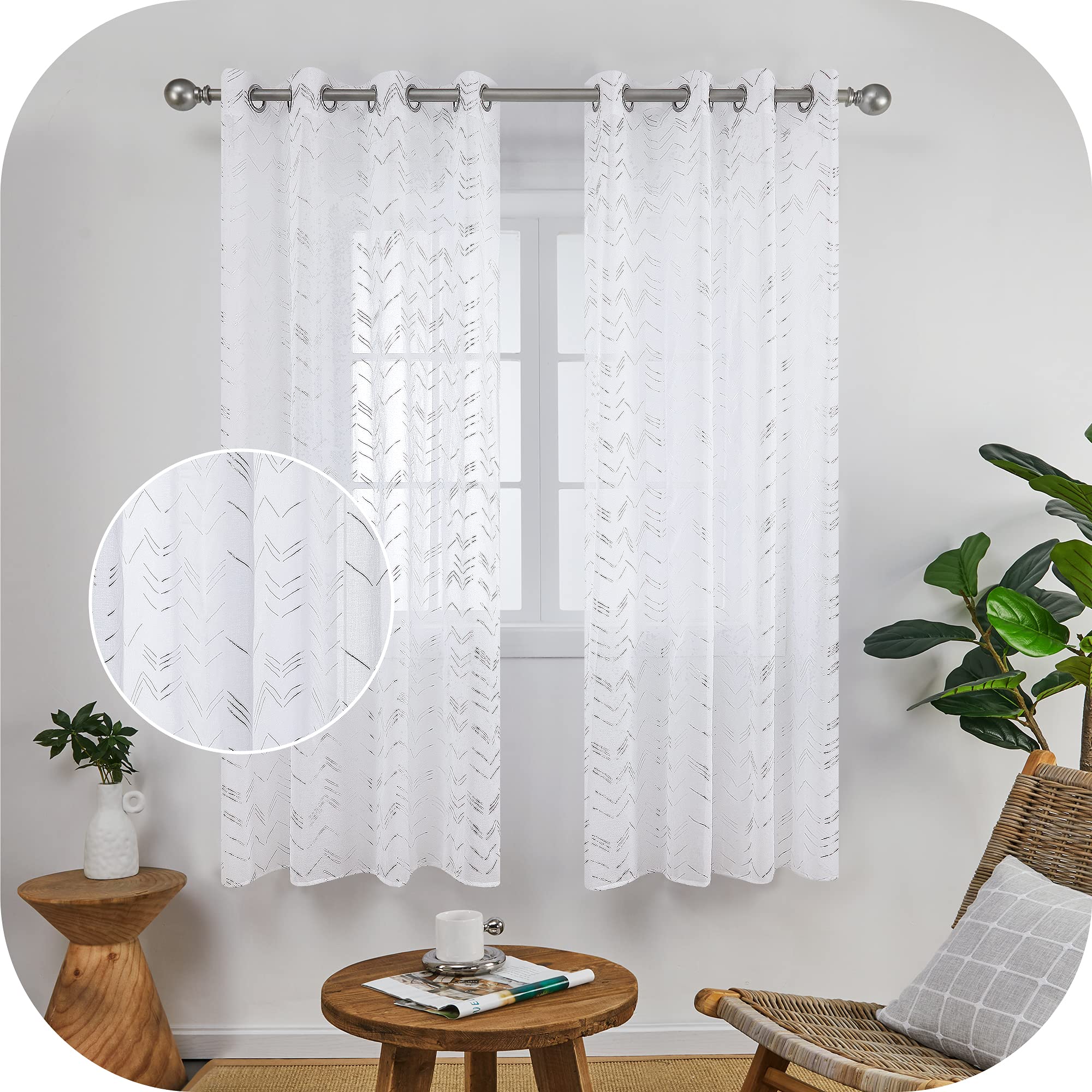 Amazon Brand - Umi Foil Printed Chevron Net Curtains Semi Transparet Decorative Voile Curtains for Bedroom 55 x 54 Inch 2 Panels