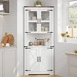 GarveeHome Tall Corner Cabinet, Farmhouse Corner Storage Cabinet with Glass Door & Adjustable Shelves, Space Saving Storage for Living Room, Kitchen, Bathroom, White