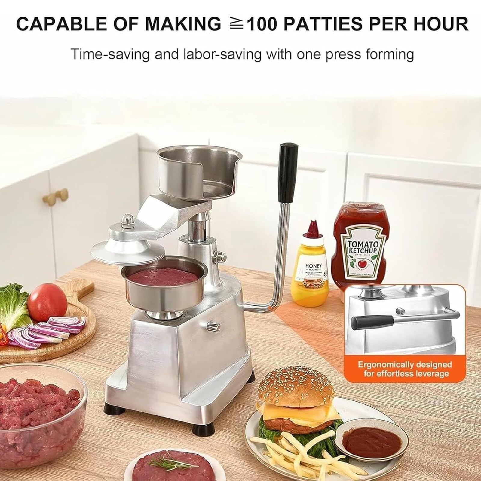 Burgerpresse, 4/5/6 Zoll Manuelle Burger-Pattie-pressmaschine, Grill-Burger | Burger Smash, Edelstahl, Haftvermeidung, Einstellbare Dicke, Rutschfeste Füße(4 Inch)