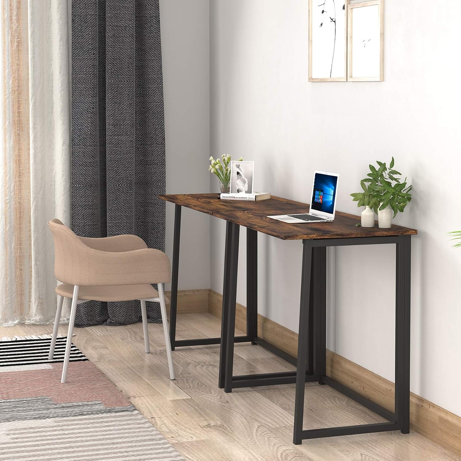 THKKY No-Assembly Folding Desk, 31.5" Small Computer Desk Home Office Desk Foldable Table Study Writing Desk Workstation for Small Space Offices (Rustic Brown)