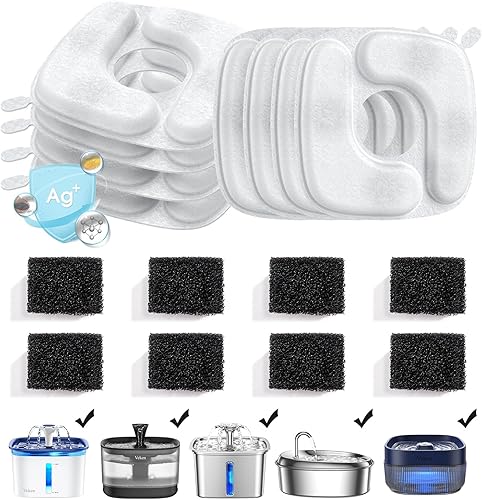 Veken Cat Water Fountain Filters, 16 Pack Replacement Filters & 16 Pack Replacement Pre-Filter Sponges Set for 50oz, 84oz, 95oz Automatic Pet Fountain Dog Water Dispenser
