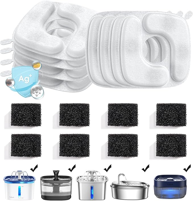 Veken Cat Water Fountain Filters, 8 Pack Replacement Filters & 8 Pack Replacement Pre-Filter Sponges Set for 50oz, 84oz
