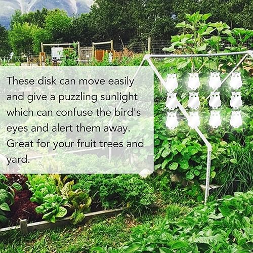Miniatura 6 de XPCARE 24 dispositivos de miedo de pájaros, discos reflectantes con forma de búho, reflectores de pájaros de doble cara altamente reflectantes, para