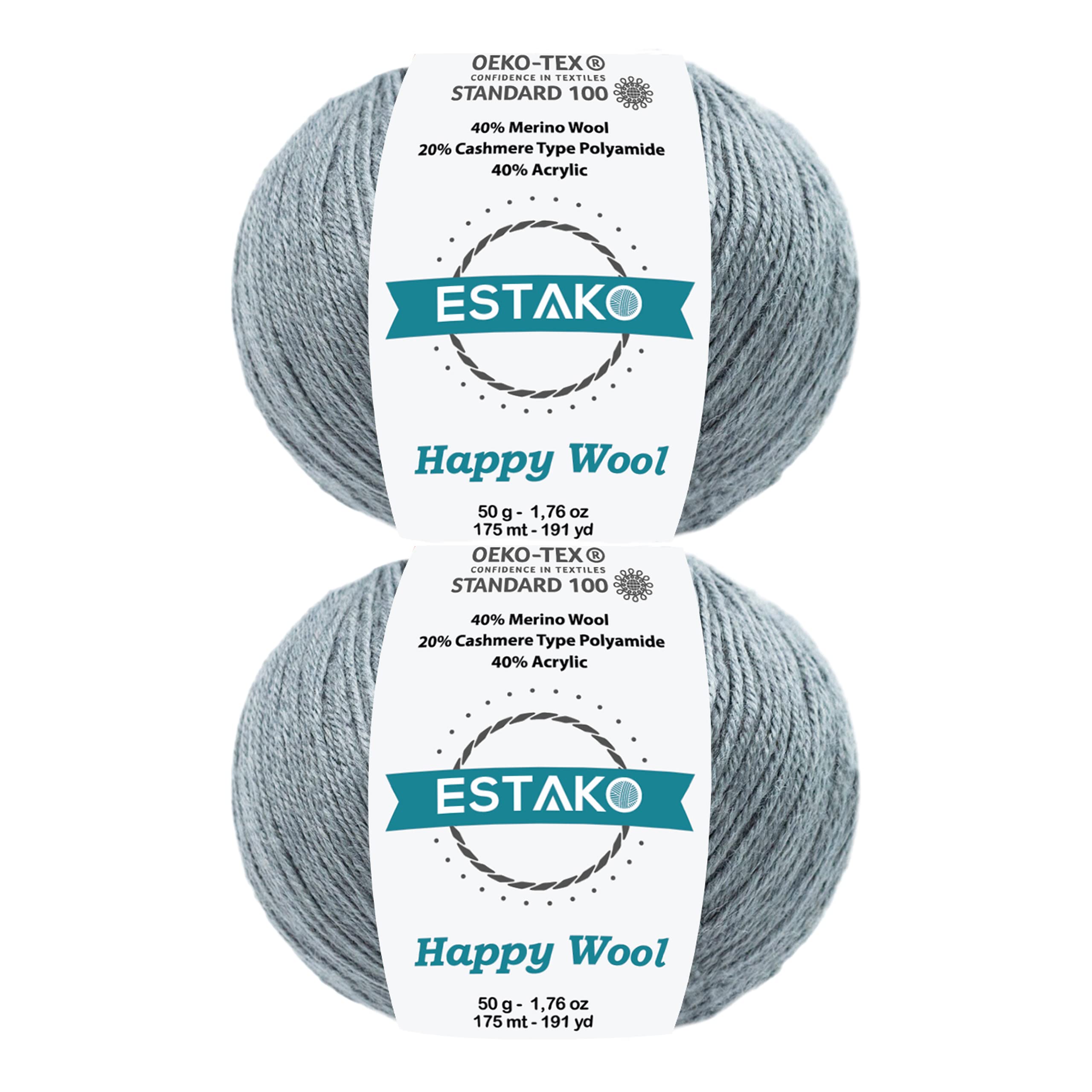 Estako Happy Wool (2 Skeins Pack) 40% Merino Wool 20% Cashmere Type Polyamide 40% Acyrlic Weight Soft Knitting and Crochet Yarn (2 x 1.76 oz) (2 x 191 yds) (8018 - Grey)