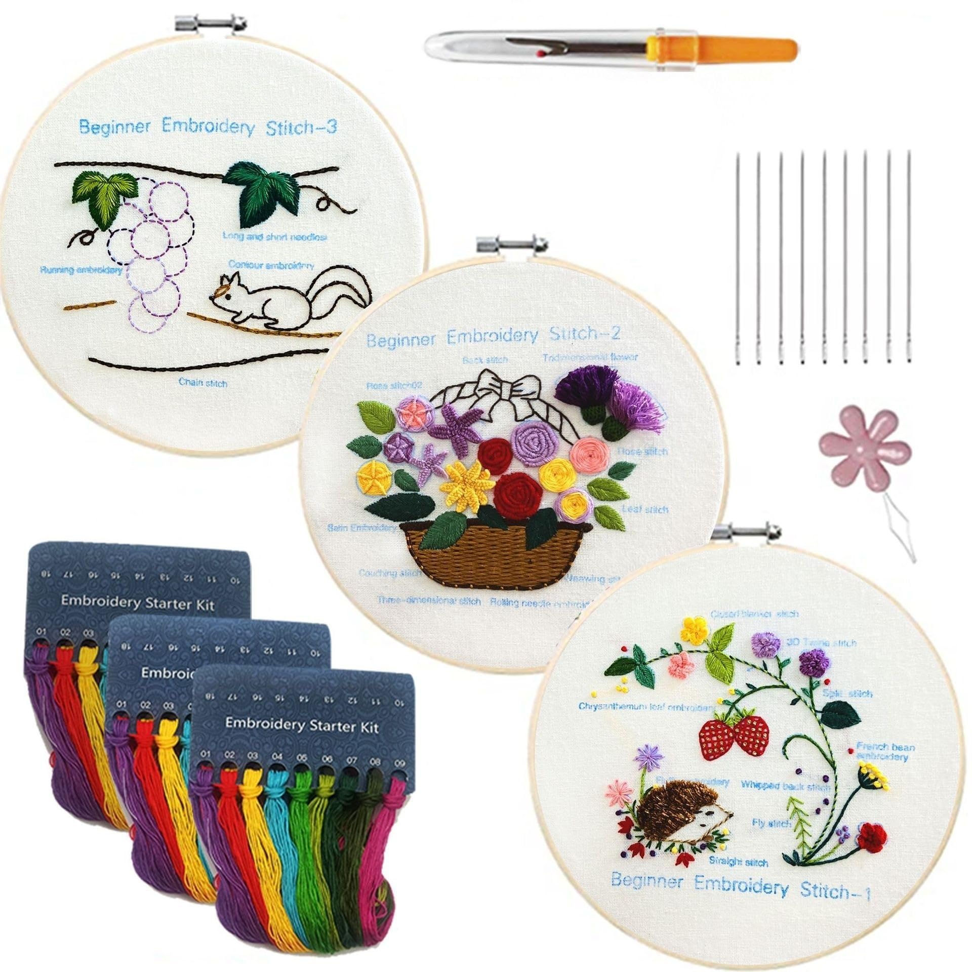 haft, Zestaw do haftowania, 3 zestawy Startowy zestaw Naucz się różnych ściegów Zestawy samodzielnego montażu(Color 06,Without hoop)