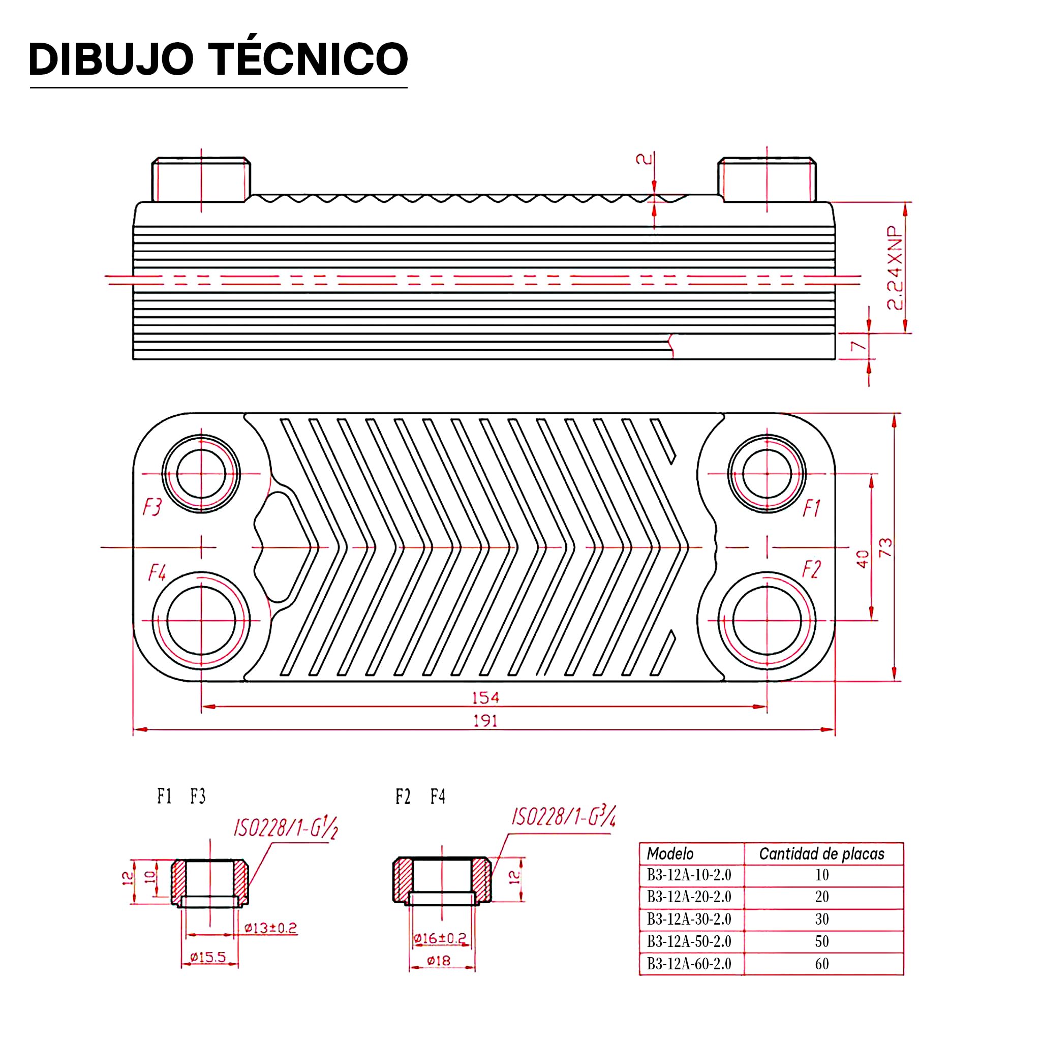 Wiltec Intercambiador calor térmico acero inoxidable 50 placas Termocambiador placas máx. 90 kW