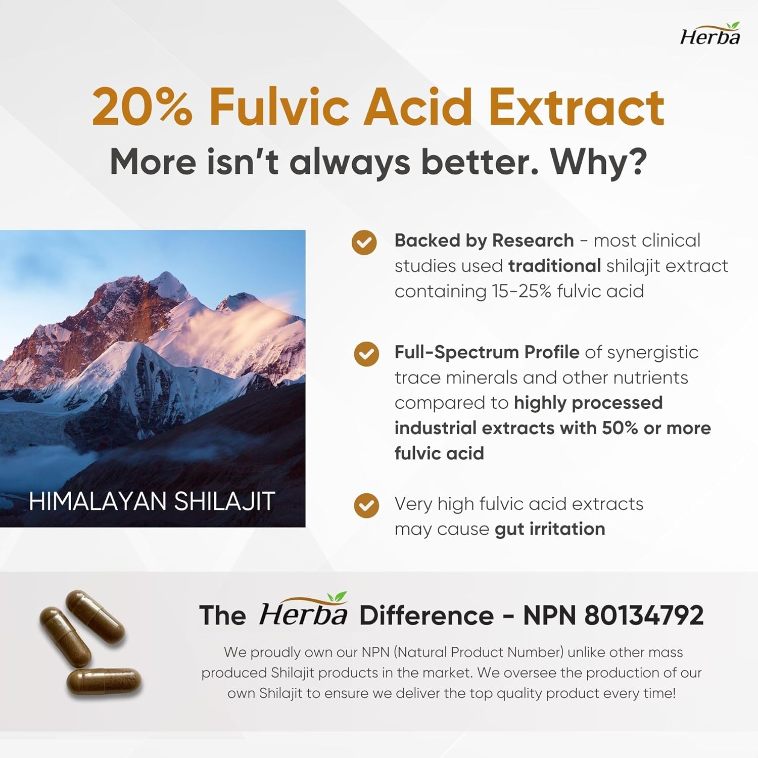 Herba Himalayan Shilajit for Women & Men – 120 Capsules | 15:1 Extract - 15,000mg DHE (7,500mg DHE Each) | 1000mg Serving (500mg Each) | Ultra Pure Shilajit for Men & Women | Fulvic Acid Supplement | Made in Canada - Image 4