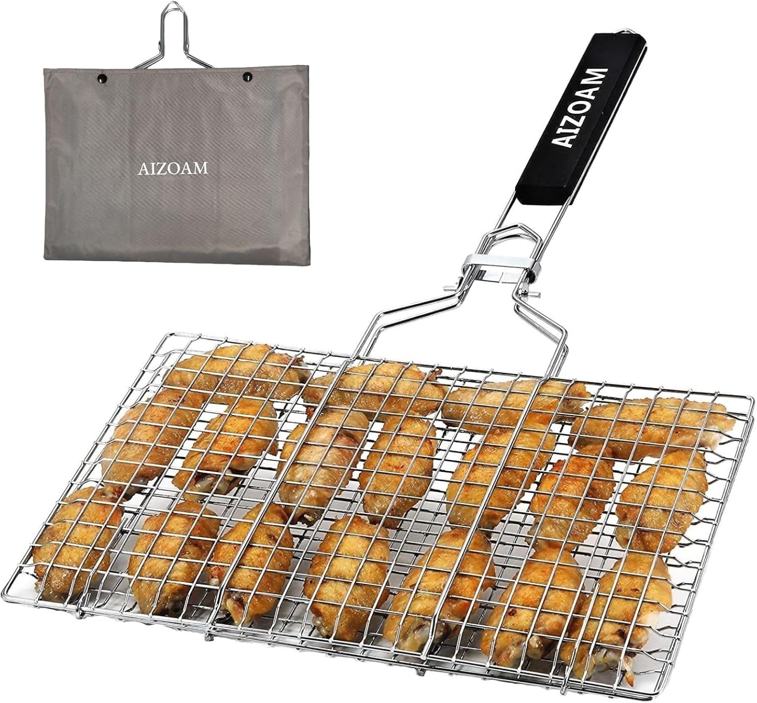 Grill Basket - Grill Baskets for Outdoor Grill, Stainless Steel Large Grilling Basket w Removable Handle, Portable Fish Grilling Rack for Grill Ideal Meat Fish Vegetables Grilling Accessories