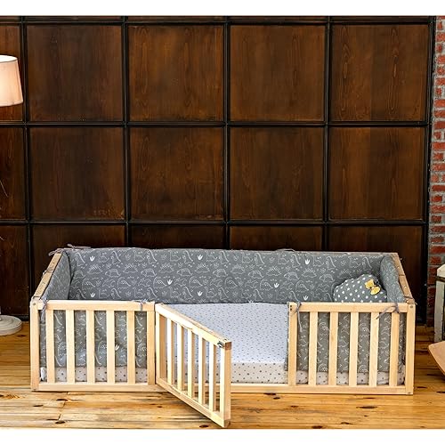 Montessori Floor Bed with Door for Toddler  Pine Wood Natural Solid Frame Bed  Sturdy Design Floor Bed Frame for Boy and Girls (Crib, Height  23.6