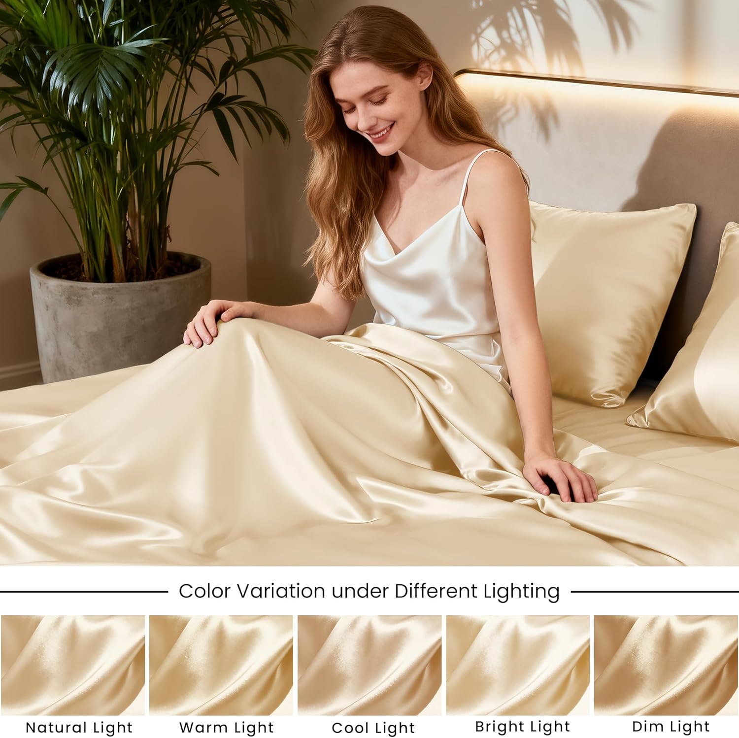 Love's cabin Full Size Satin Sheet Sets - 4 Piece Beige Silky Sheet Set with Deep Pocket, Luxury Silk Feel Satin Sheets Full Bedding Set (1 Flat Sheet,1 Fitted Sheet,2 Pillow Cases)