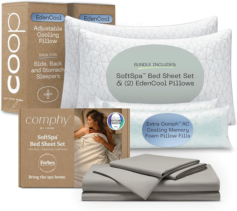 Comphy SoftSpa Bed Sheet Set Dove Grey and Eden Pillows Queen Bundle