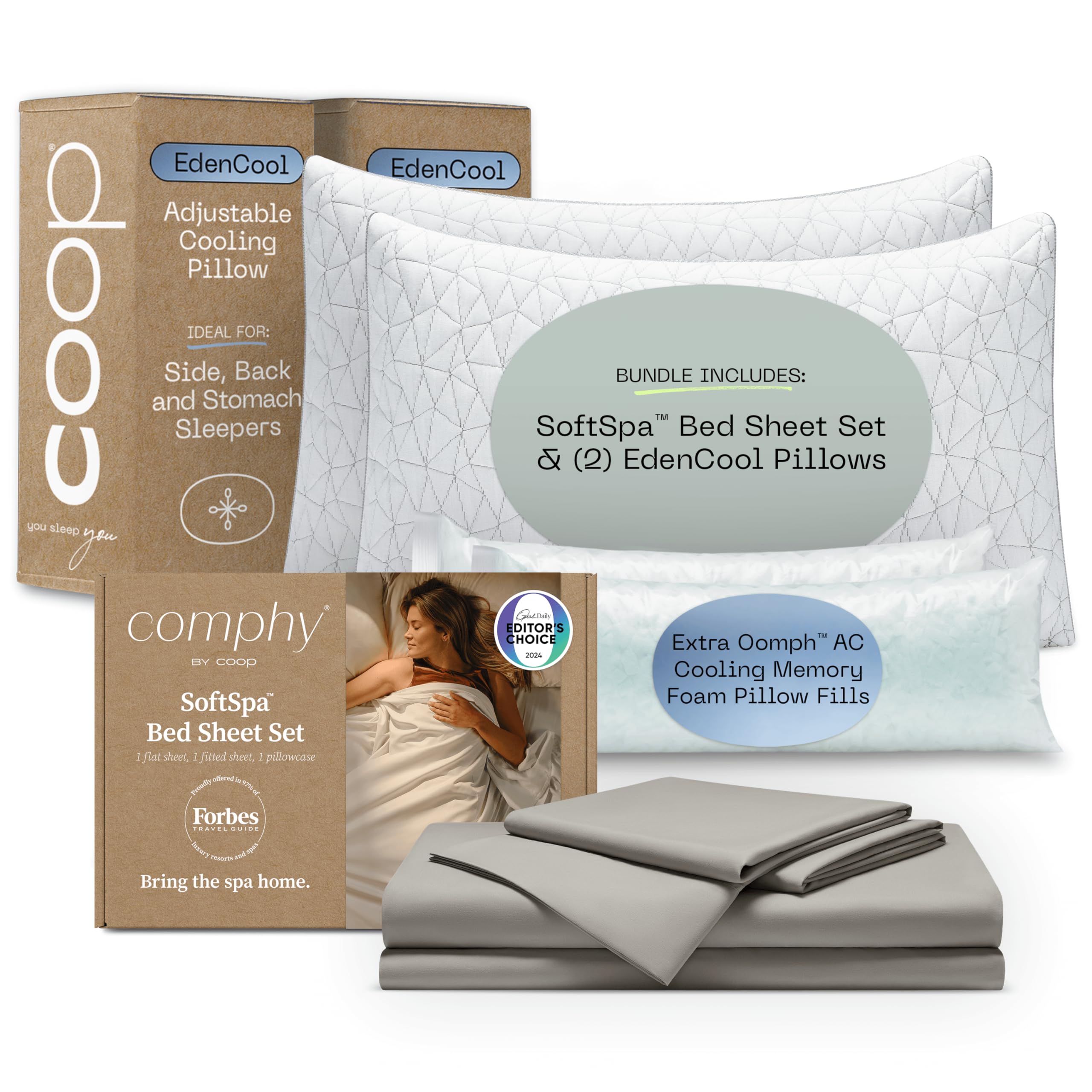 Coop Home Goods Comphy SoftSpa Bed Sheet Set Dove Grey and Eden Pillows Queen Bundle