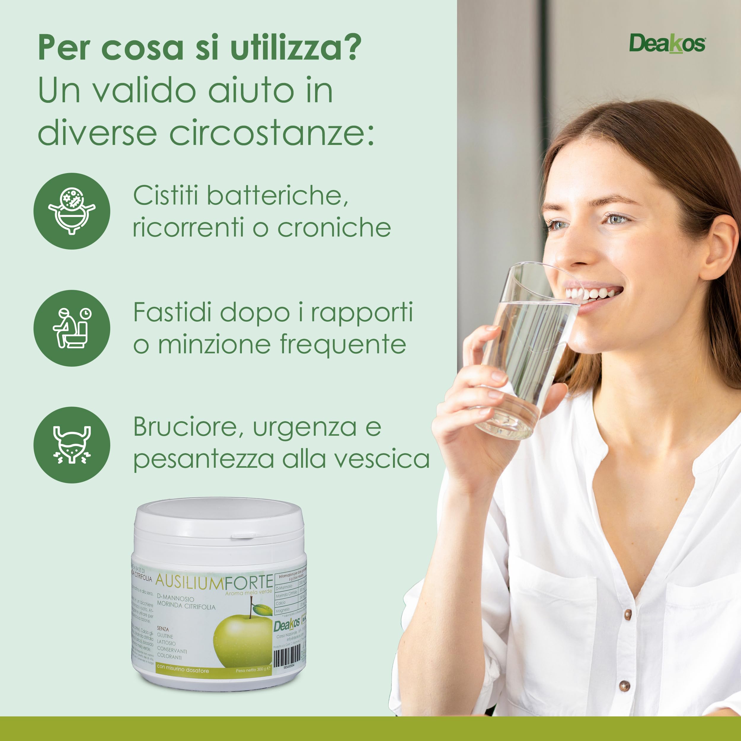 Deakos Ausilium Forte 300g - Integratore Cistite Donna e Benessere delle Vie Urinarie - In Polvere Gusto Mela Verde - A base di D Mannosio Puro e Morinda Citrifolia - Senza Glutine e Lattosio