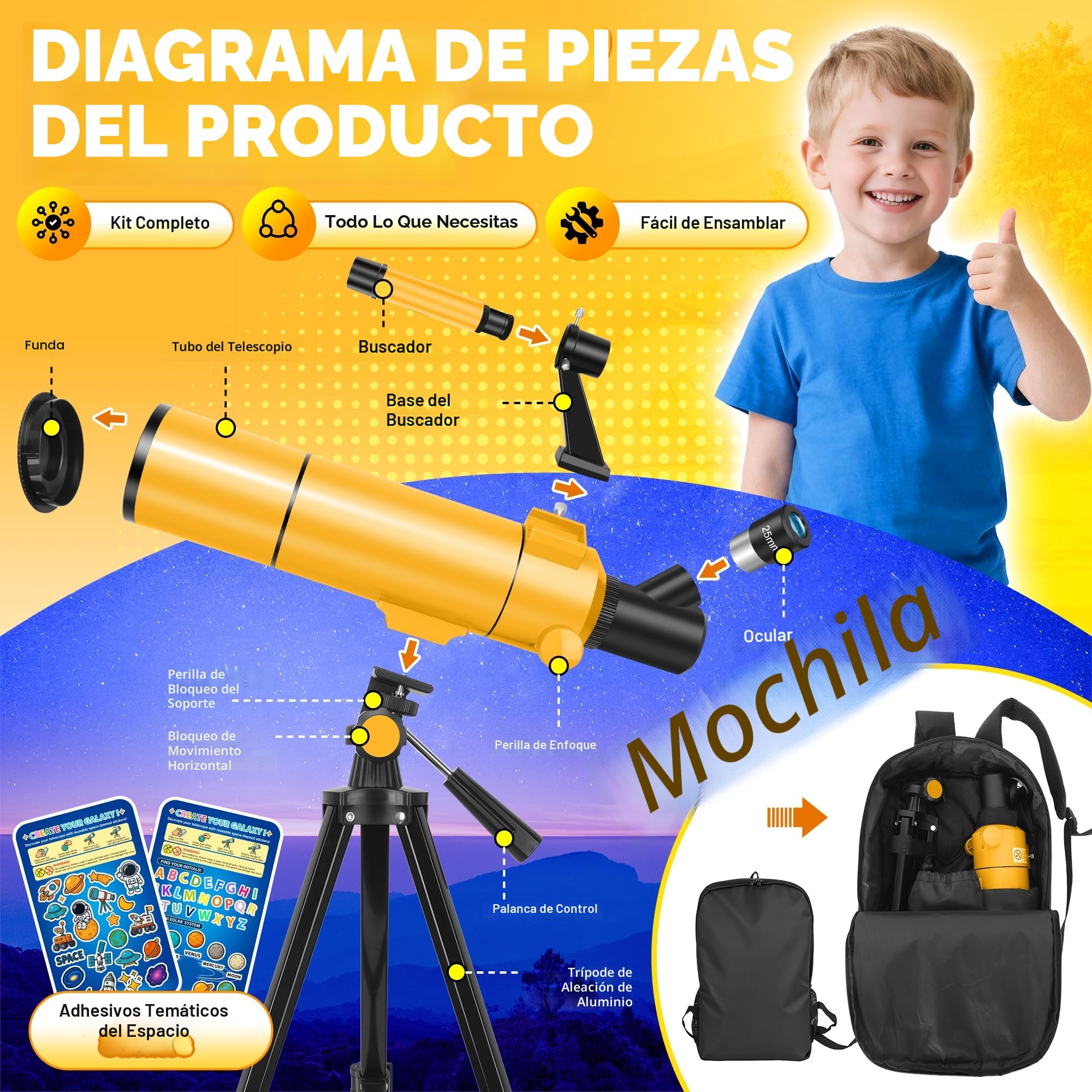 Telescopio Astronómico Profesional para Adultos y Niños Principiantes, 80/500 mm Telescopio Refractor Portátil con Trípode Ajustable, Adaptador para Teléfono, Mochila y Pegatinas Espaciales
