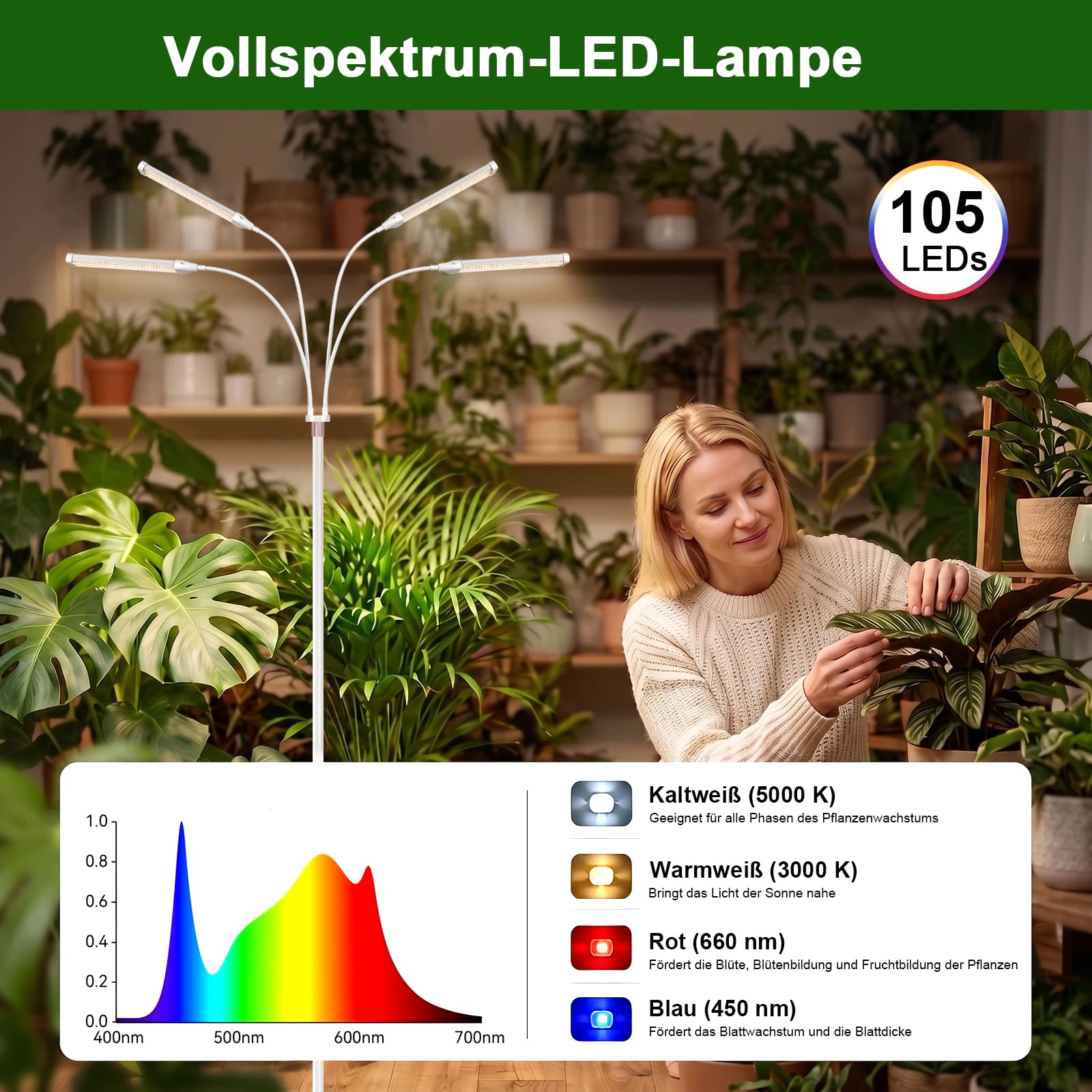 ERWEY Lampe Horticole, LED Lampe Plante Interieur avec Minuterie 4/8/12H, Spectre Complet Réglable, Hauteur Réglable 63–180 cm, pour Germination Croissance Floraison Végétale