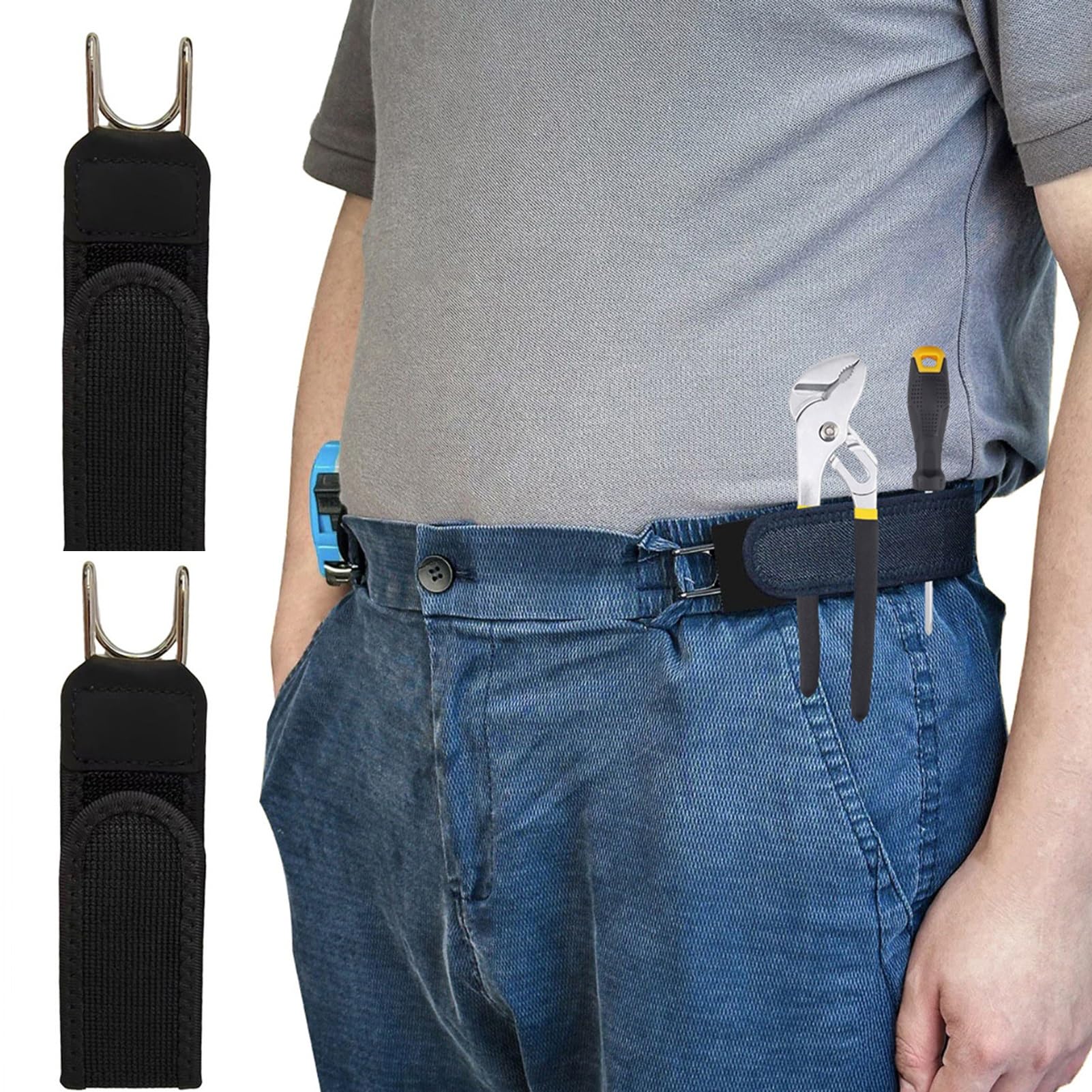 Buckless Belt for Men, No Buckle Belts Adjustable Metal Hook Elastic Belt, Invisible Stretch Work Belts for Men and Women Jeans, Business, Home, Travel, Commuting, Outdoor Hiking (Black, 2PCS)