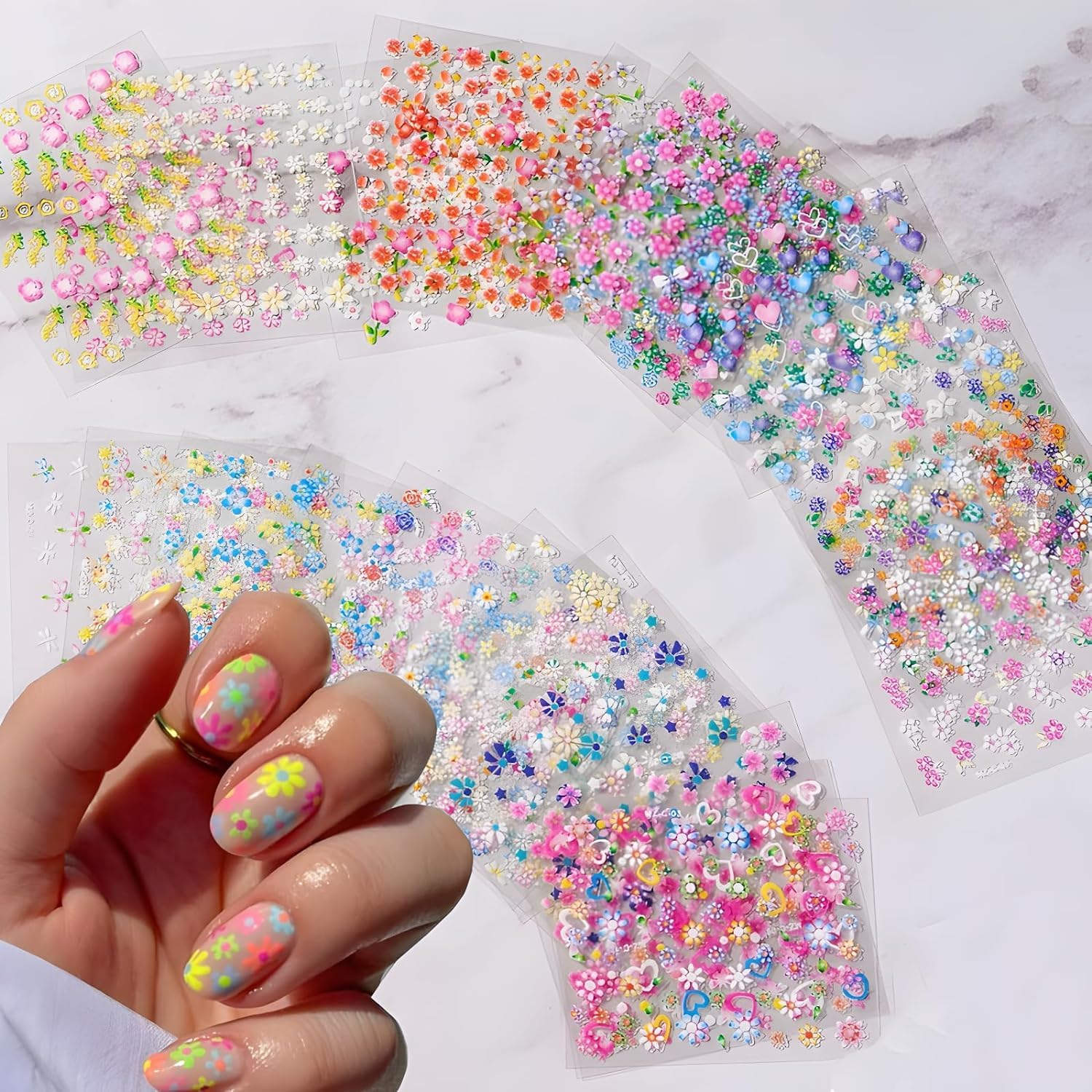 30 Sheet Flower Nail Stickers for Nail Art Spring Nail Art Stickers 3D Self-Adhesive Summer Nail Decals Cute Daisy Floral Colorful Acrylic DIY Design