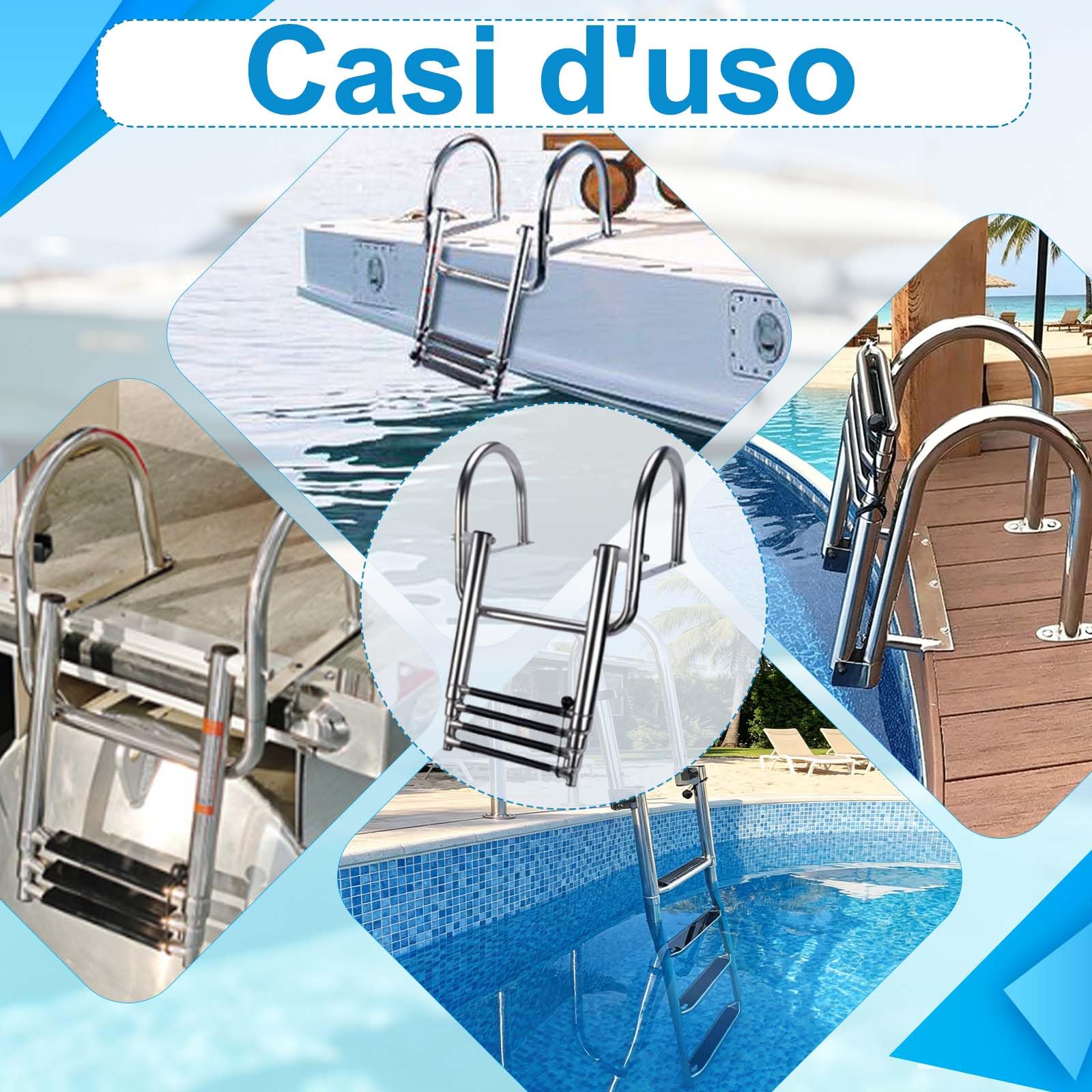 Escalera Piscina Escalera, de 3 escalones, con Acabado Pulido, Diseño Plegable, Pedales Anchos Antideslizantes, Asas Arqueadas para Barcos, Yates, Muelles.