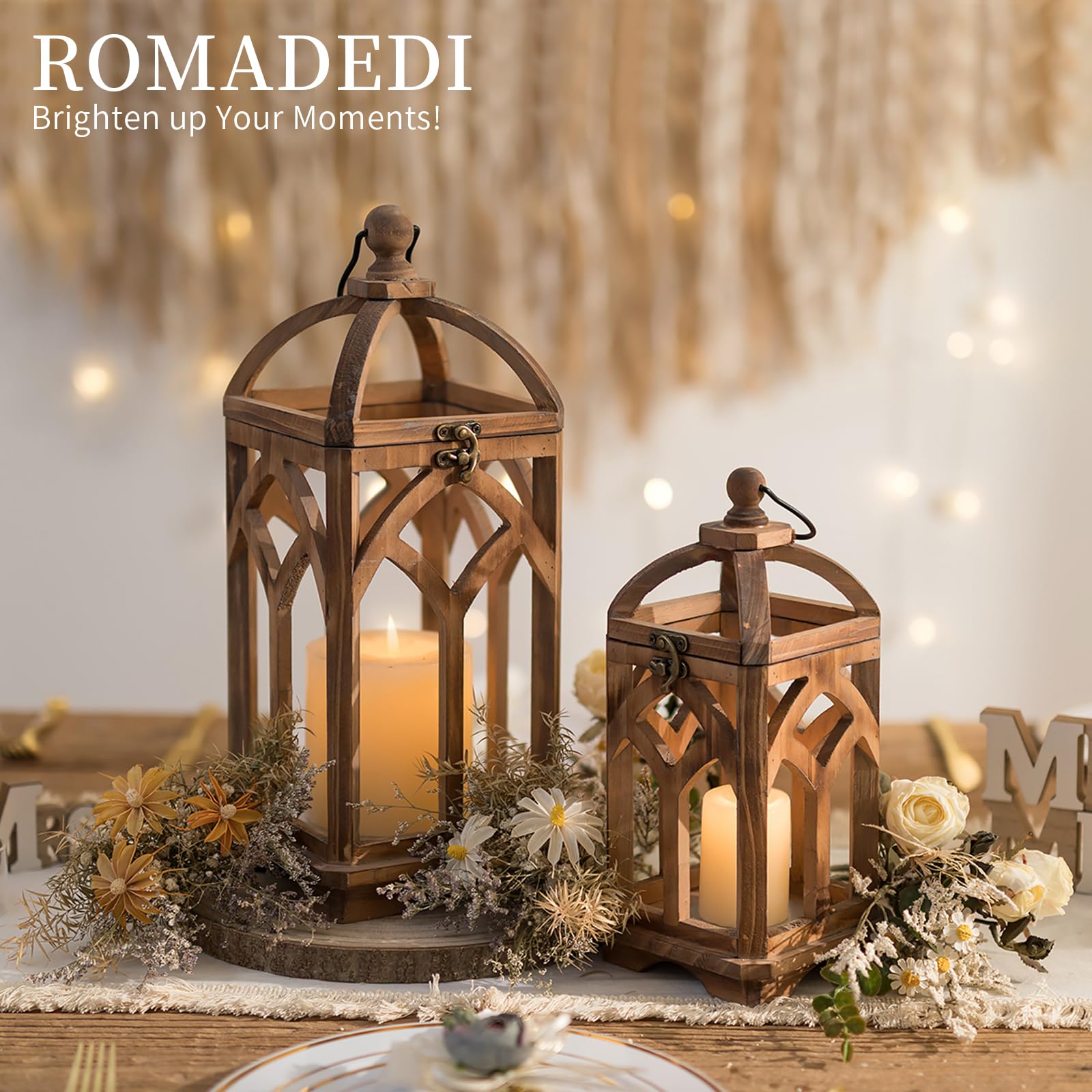 Laterne Holz Groß Landhausstil Deko - Romadedi 30/40cm Rustikale Landhaus Kerzen Laterne Braun, Windlicht Vintage für Weihnachten Balkon Garten Hochzeit Tischdeko Innen, Set of 2