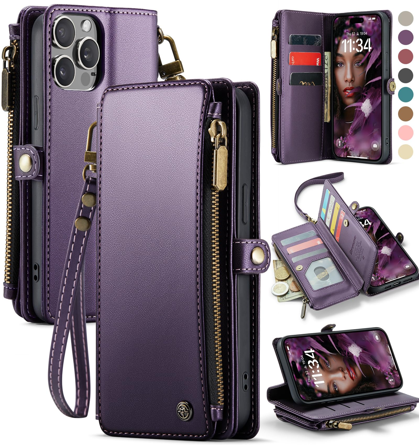 Photo 1 of Defencase Compatible with iPhone 15 Pro Max Case Wallet with RFID Blocking Card Holder for Women Men, PU Leather Magnetic Snap Flip Zipper Strap Wallet Phone Case Fit for iPhone 15 Pro Max 6.7, Purple