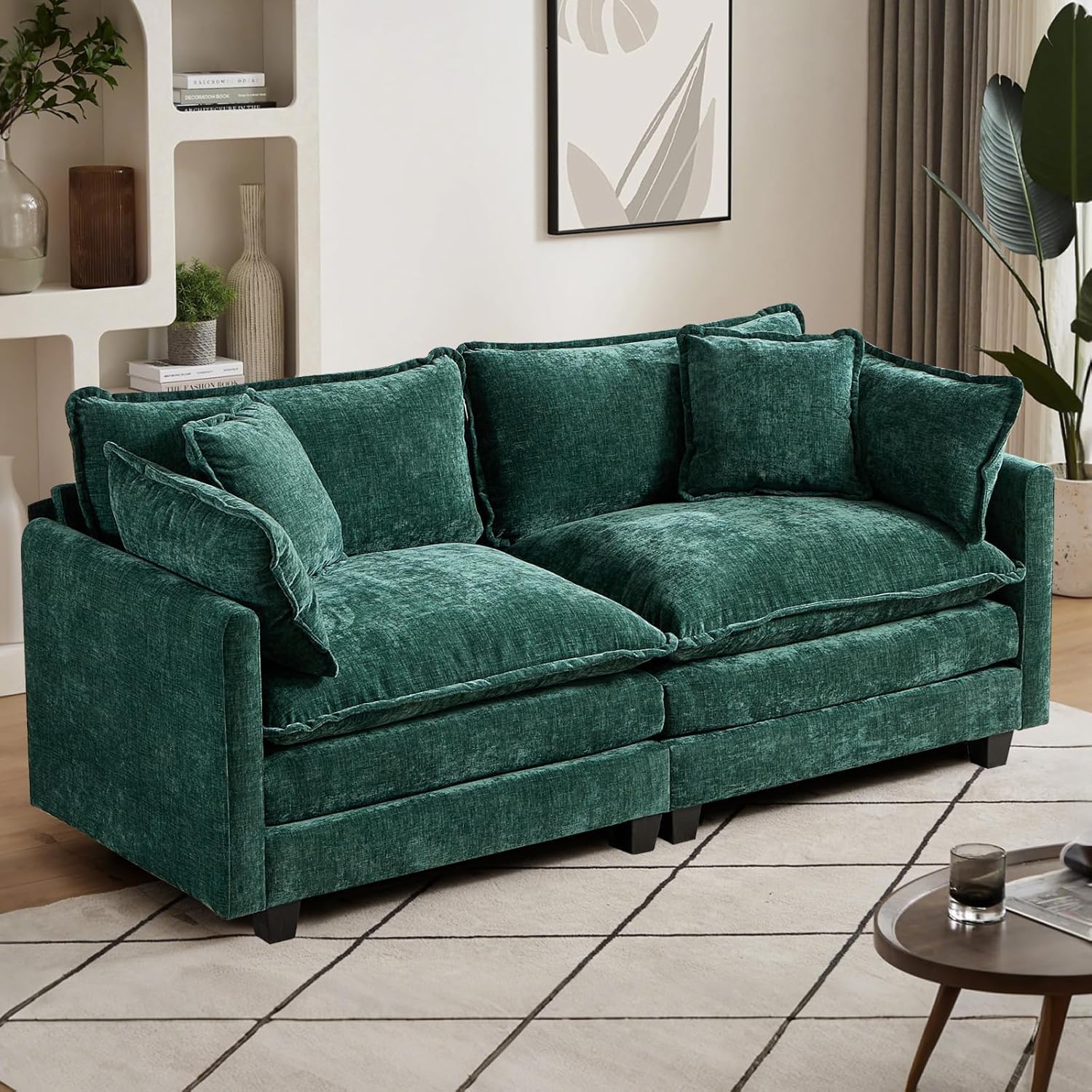 Sofá Modular Modular de 76.7 Pulgadas, sofá Convertible de felpilla de 2 plazas con Asiento Profundo, sofá biplaza con Almohadas para Sala de Estar, apartamento, Oficina (Verde) | Sofá seccional convertible en estilo nube. La funda de chenilla suave hace