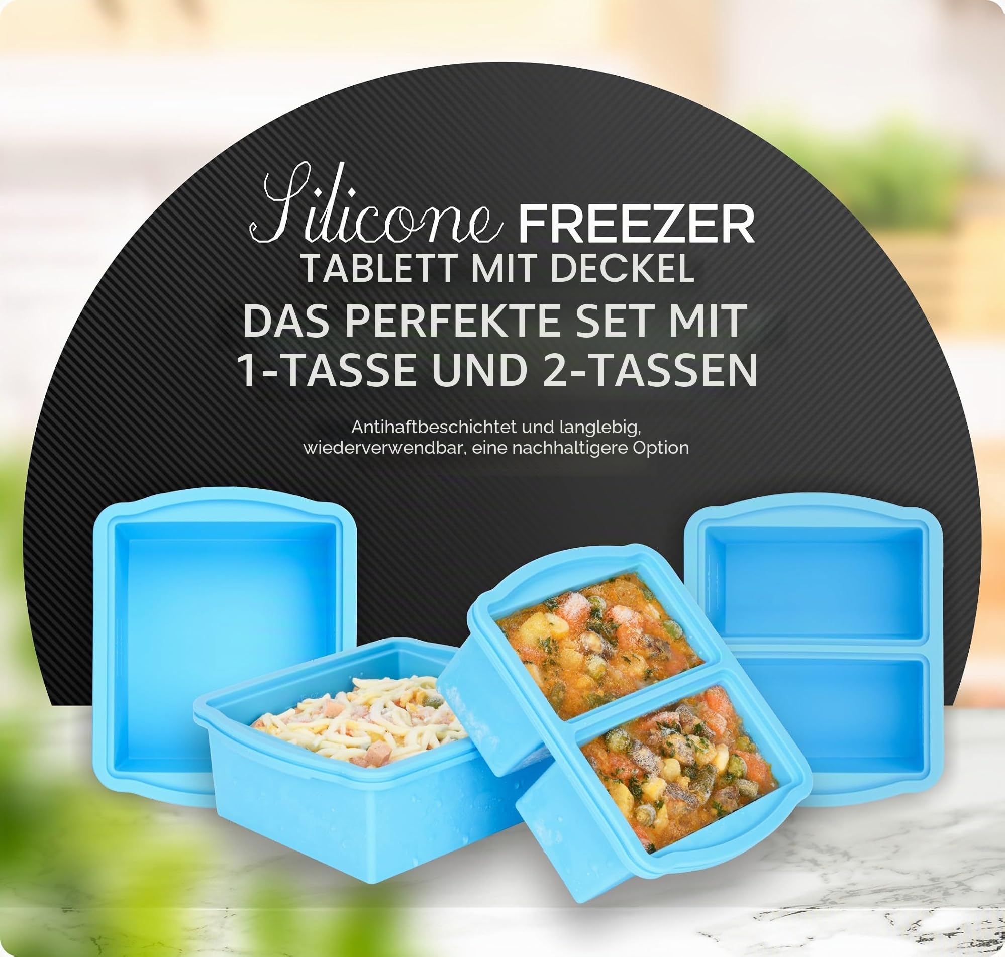ZIP STANDING Silikon-Gefrierschalen mit Deckel, 4 Stück, mit 1 Tasse und 2 Tassen, Silikon-Gefrierformen zum Einfrieren von Suppen, Saucen und individuellen Mikrowellengeeignet