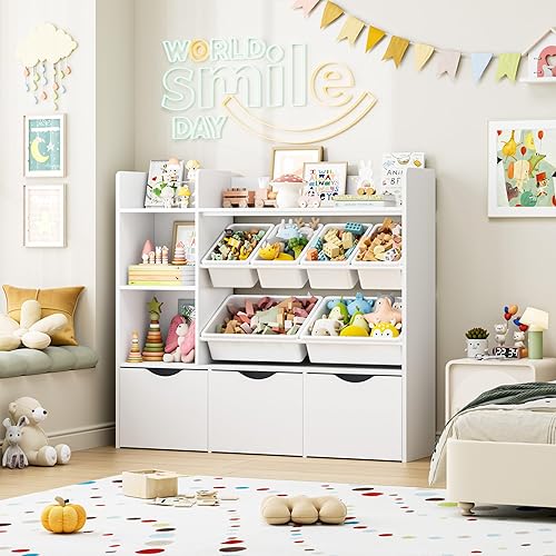 Miniatura 6 de FACBOTALL Organizador de almacenamiento de juguetes con 3 cajones móviles, estantería para niños con 6 contenedores de plástico y 2 cubos de