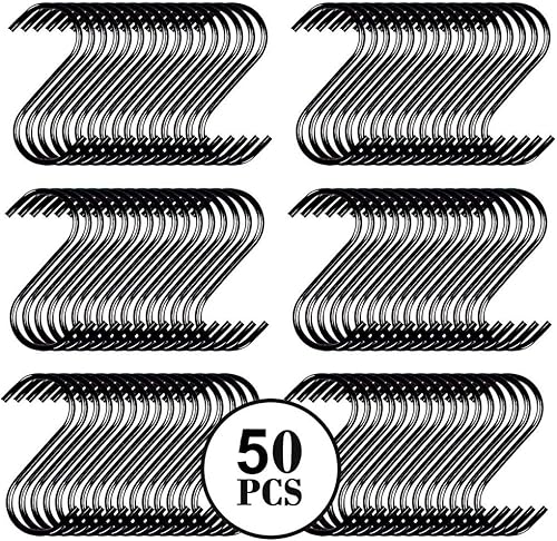 Paquete de 50 ganchos negros en S Ganchos colgantes de acero resistentes para estante de ollas de cocina, armario, plantas, colgador de metal para