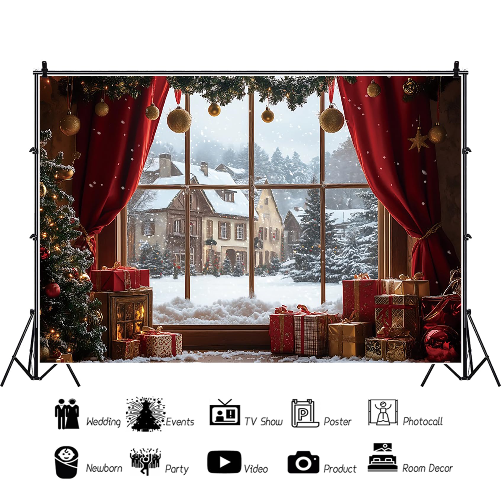 6x3m Sfondo Natalizio Finestra Invernale Scena di Neve Tenda Rossa Festa di Capodanno Sfondo Fotografico Vacanza Invernale Famiglia Vigilia di Natale Decorazione Festa Banner