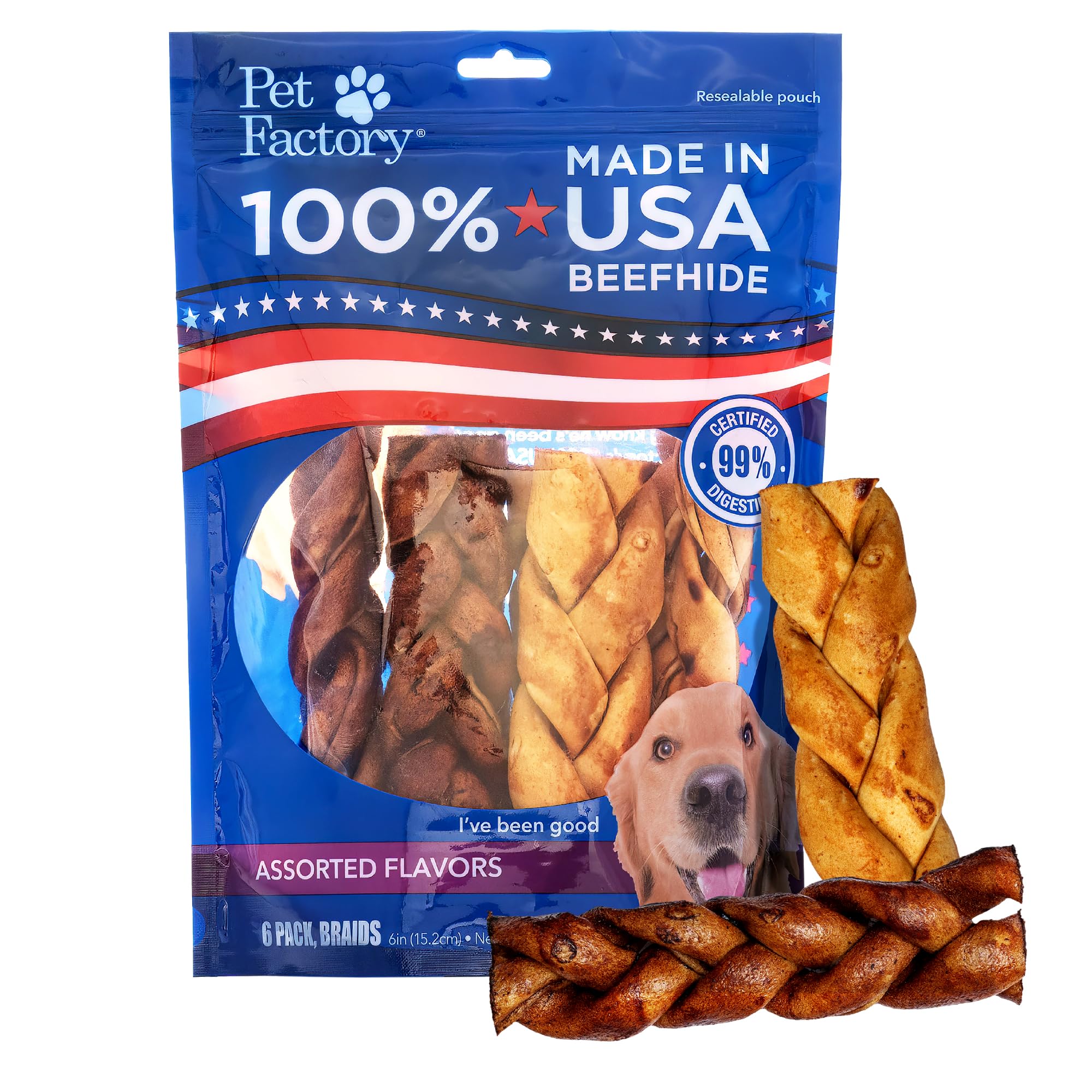 Pet Factory 100% USA Made Natural Beefhide Dog Chew Sticks - 6in Braided Dog Rawhide Bones with Beef & Chicken Flavors for Dental Health & Safe Chewing - 6 inches (Pack of 6)