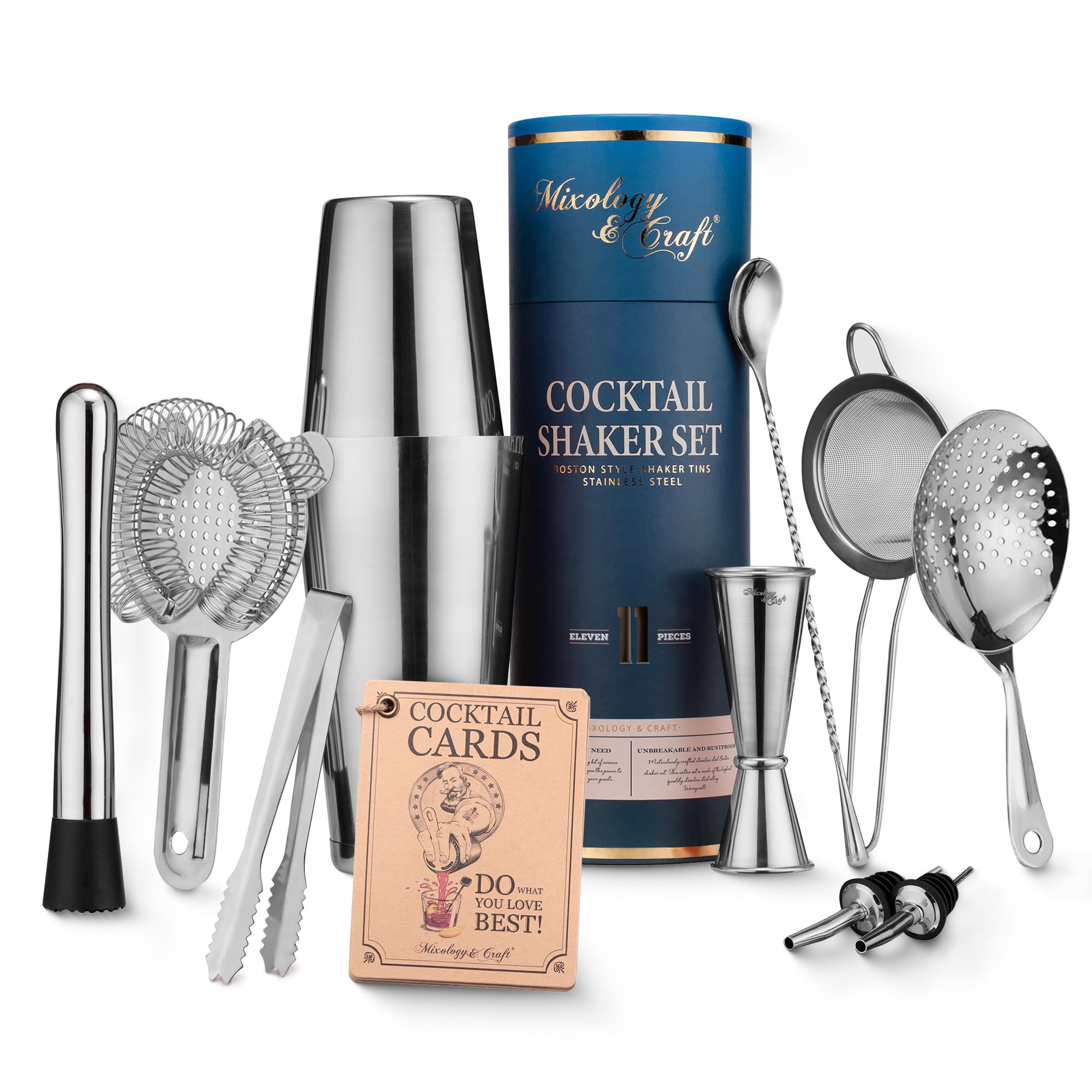 Mixology & Craft Silver Cocktail Shaker Set - 11-Piece Bartender Kit With Weighted Boston Shaker, Muddler, Spoon & Tongs - Cocktail Making Mixer Gift Set