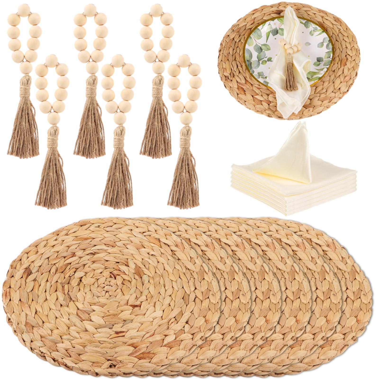 6-teiliges Boho-Wasserhyazinthen-Set, runde geflochtene Tischsets mit Holzperlen-Serviettenringen & Dinner-Servietten, farmhouseartige, hitzebeständige Tischsets